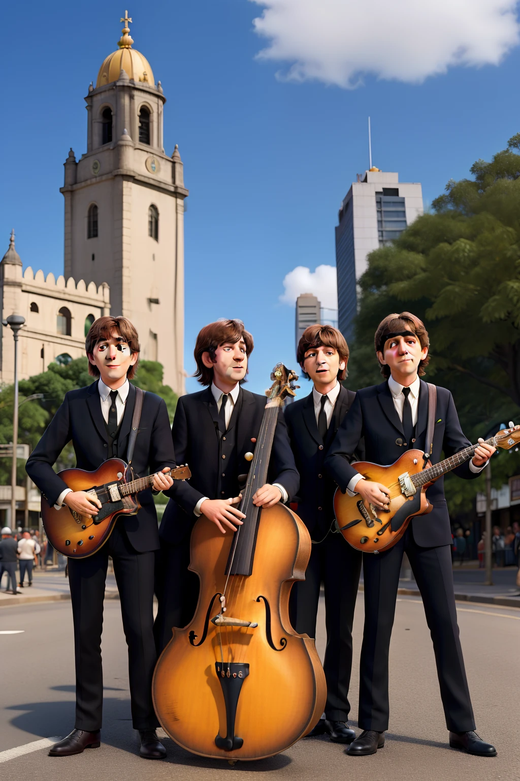 A BANDA THE BEATLES, JOHN LENNON, PAUL MCCARTNEY, GEORGE HARRISON E RINGO STAR, EM FRENTE AOS ARCOS DA LAPA, NO RIO DE JANEIRO
