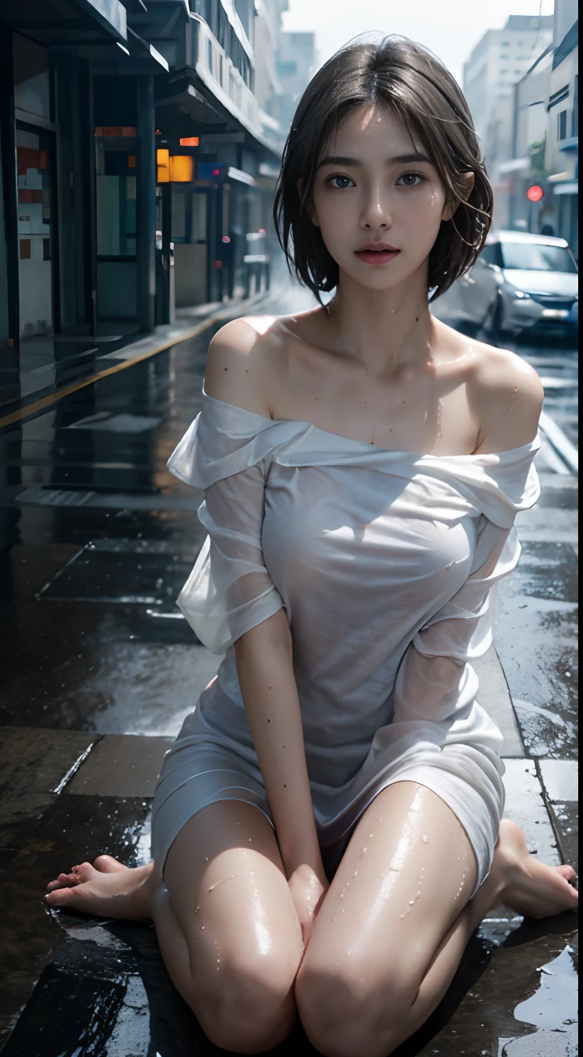 Best picture quality, masterpiece, ultra high resolution, (fidelity :1.4), photo, 1 girl,[(sadness)],white shirt, Dim, dark, desperate, pitying, pitiful, cinematic,tear,teardrop,(Torn clothes:1.5), (Wet clothes:1.4), bare shoulders,Real rain,wet hair,..