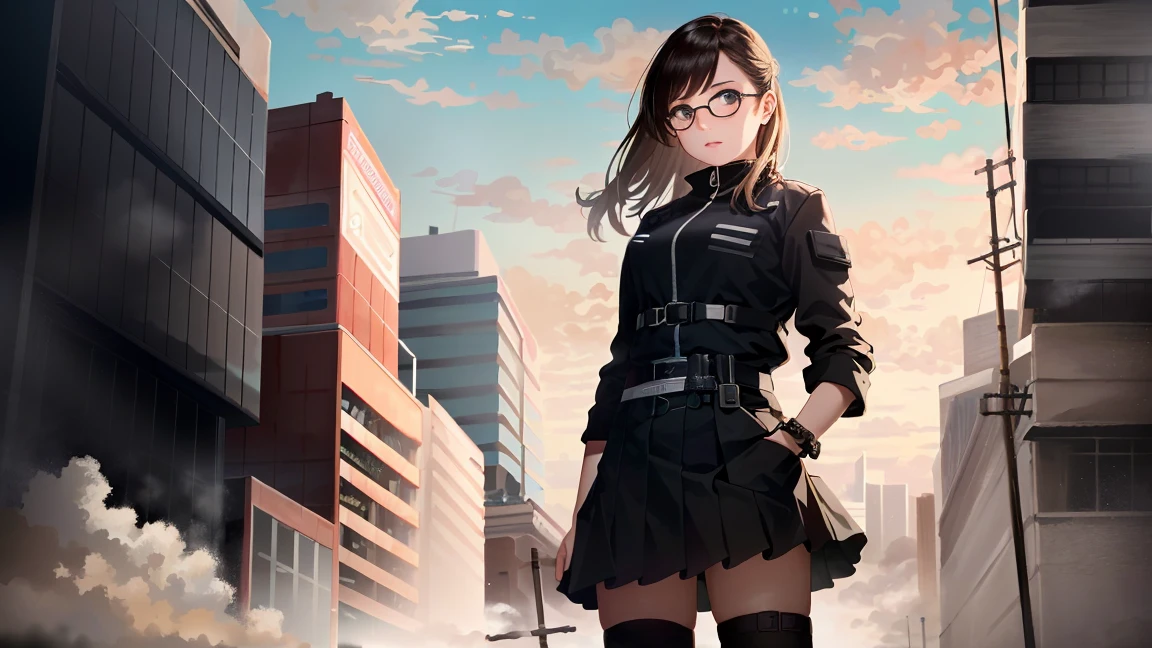hyper realistic, masterpiece, very detailed, sci-fi, dystopian, (beautiful eyes ), (bangs), brunette, Woman, detailed face, detailed skin, baggy clothes, thigh high socks, skirt, cyberpunk, soft light, subsurface scattering,((skyline)), cumulonimbus clouds, busy street, polluted, dust, glasses:1.2