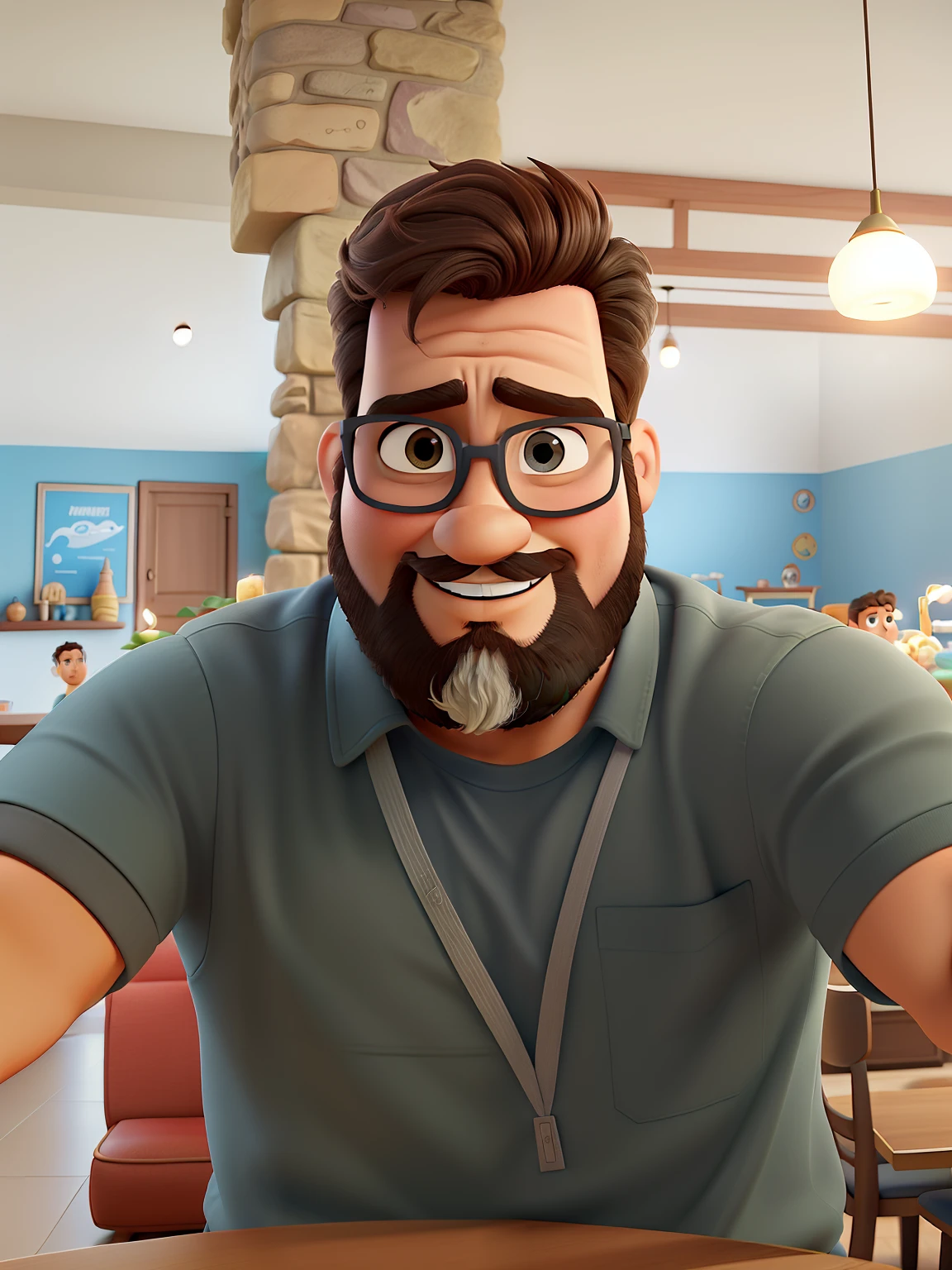 Poster no estilo Disney pixar, alta qualidade, melhor qualidade, homem sexy branco, 30 anos cabelo grisalho barba preta, musculoso, com fundo em um restaurante a luz de velas