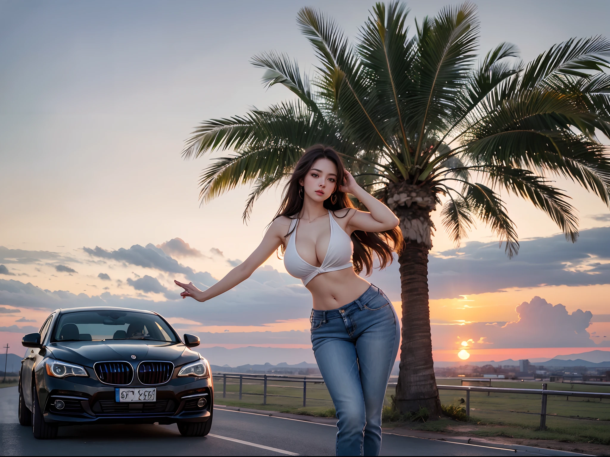 beautiful sunset, (realistic, high resolution:1.3), 1 girl with perfect figure, super fine face and eyes, long hair, tank top: 1.2 in random colors, short jeans, standing beside the car, big breasts, exposed cleavage, (cameltoe), (full body photo:1.3),