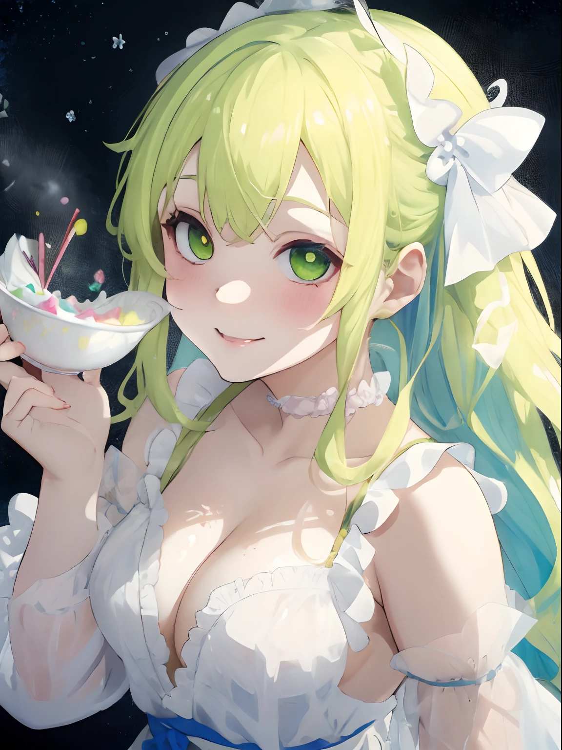 Fairy Forest,House of sweets,World of Sweets,Multicolored sweets,Ruffled apron,Luxurious clothes with a wide open chest,Wavy blonde,yellow-green eyes,red tide,Stick your finger in the white liquid,Look up and smile shyly,Whisk,Bowl with white liquid,Multicolored Ice Cookies,Icing cookies,decoration,Cookie Man,AHE Face,SEX,White liquid on the chest,