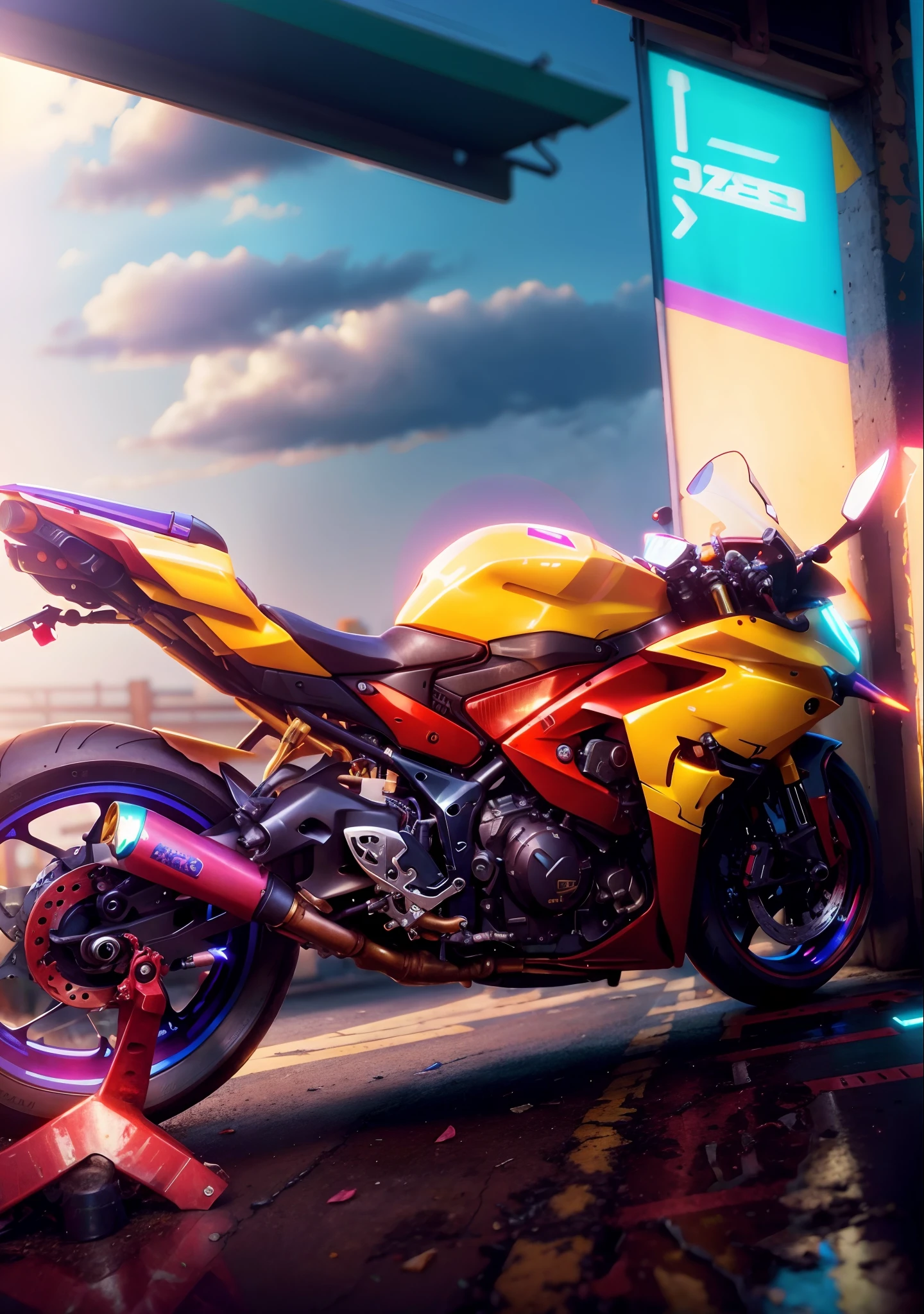 ((Cyberpunk)).there is a motorcycle parked in a garage with a red tape, front side full, yoshimura exhaust, captured with sony a3 camera, taken with sony a7r camera, side front view, motorcycle, front side, samurai vinyl wrap, f 3 2, f32, front side views full, rear shot, front side view, motorbike, front profile