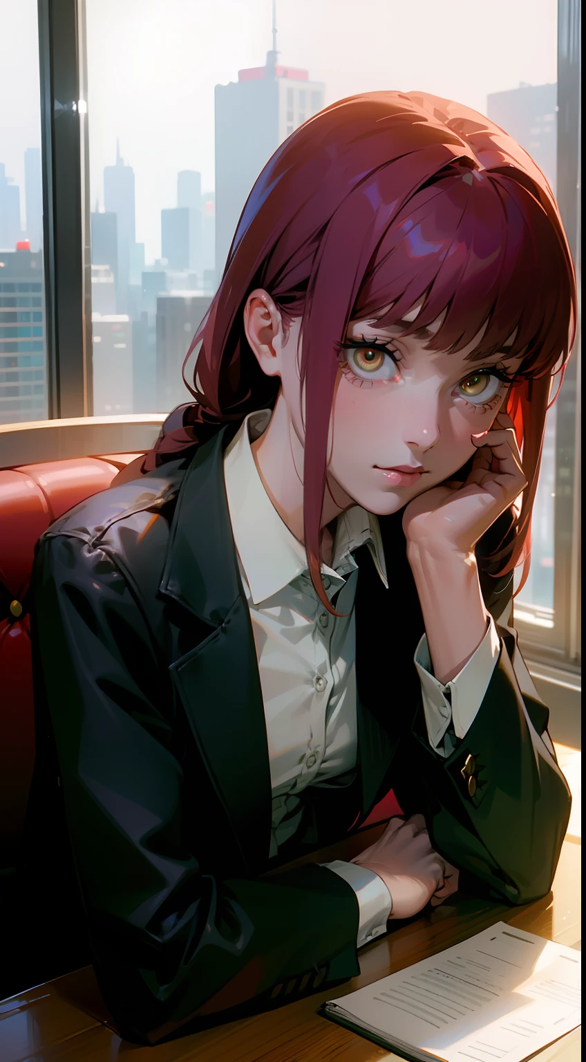 (best quality,realistic:1.37),ultra-detailed,professional,portrait,sharp focus,physically-based rendering,studio lighting,vivid colors,bokeh,photorealistic,photography,red theme,lighting effects, Makima from Chainsaw Man anime, detailed facial features,beautiful eyes,expressive look,rosy cheeks,dark makeup,long nails,classy appearance,happy expression,focused sexy pose,modern office scene,high-rise city view,glass windows,city lights,computer monitors and keyboards,office desk with papers,phone on the desk,books and folders neatly arranged,professional attire,well-fitted blazer,button-up shirt,pencil skirt,high-heeled shoes,stylish accessories,wristwatch,handbag,sleek hairstyle,polished appearance.