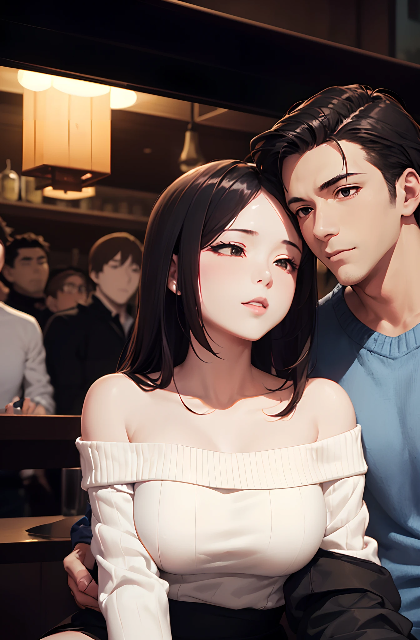 (two male、1 female:1.5)、(Man rubbing woman's breasts from behind:1.6)、(masutepiece:1.5)、(top-quality:1.5)、(16k wallpaper:1.2)、(Photorealsitic:1.2)、(ultra-detailliert:1.2)、(超A high resolution:1.2)、super-detaild skin、Detailed and clean eyes、Sitting inside a bar at night、Natural Color Lip、(White off-shoulder knit:1.2)、Black leather miniskirt and knee-length boots、Opens mouth and laughs、Semi-long bob hair、large full breasts、cute smile face、(Crowd of men:1.3)、drinking cocktail、Focus on the chest