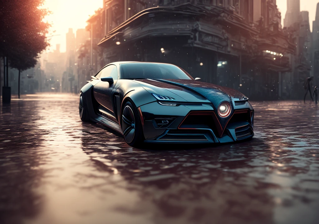 a car parked on a wet surface, fantastic realism, concept car futuristic, detailed color tone in black , Artstation contest winner, fantasy art, cyberpunk dark fantasy, cinematic body shot,as seen on artstation, octane rendered,hyperdetailed, hyperreal,deviantart artstation cgscosiety, realistic fantasy render, dark fantasy mixed with realism.