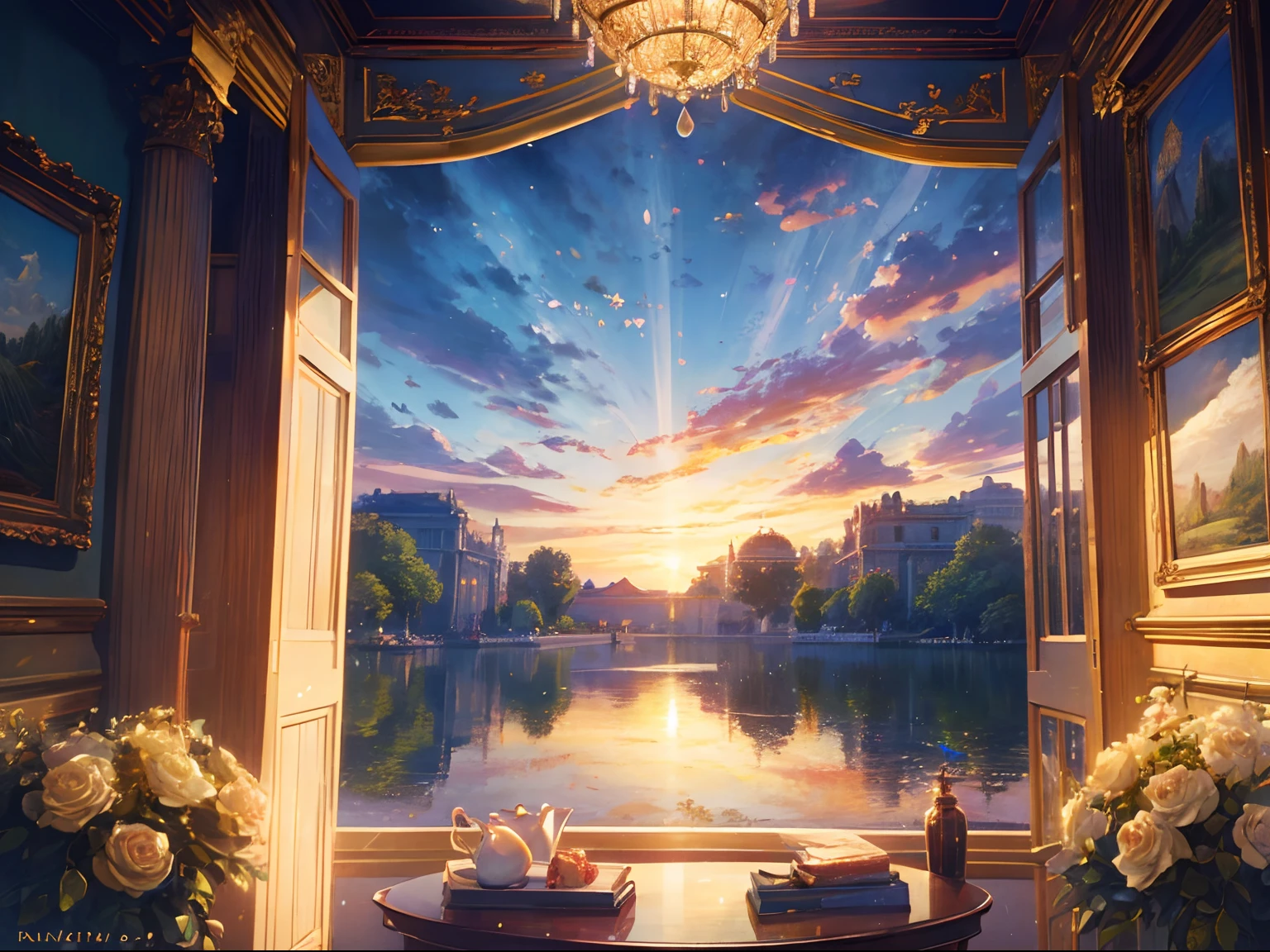 Golden light、rainbows、Heaven、angelicales、Deities、Luz Divina(masutepiece:1.3), (8K, Photorealistic, Raw photo, Best Quality: 1.4), The view of the lake is attractive, Intricate details,Golden ratio, Blue butterfly、Blue Rose、Rose Garden、palatial palace、Landscape painting