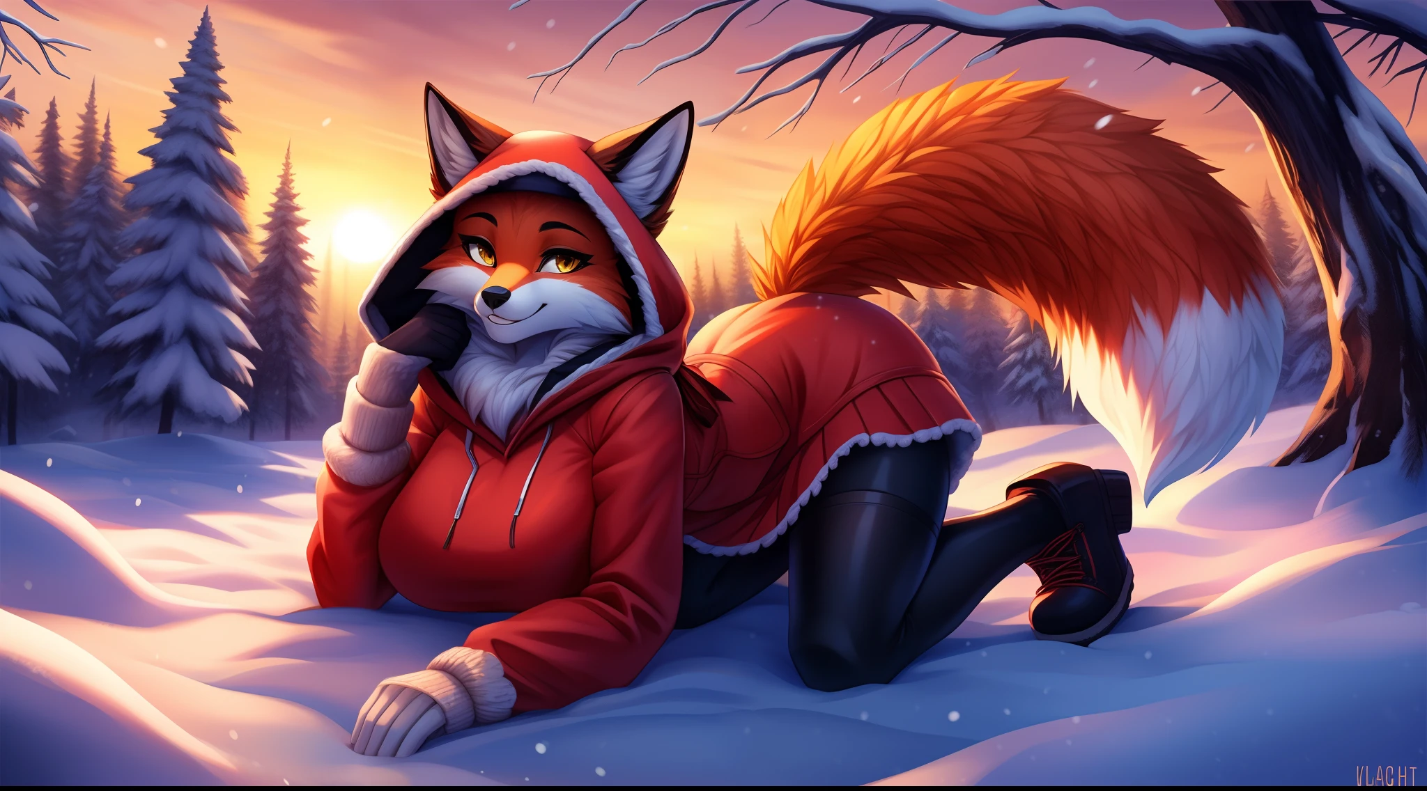 Alice, 独奏, 1girl, animal ears, Color: Red, Orange, female focus, 1 fox tail, Red tail of the best quality, exteriors, Orange skirt with fur trim, black stockings, happy face, hood, Detailed background, orange jacket, fur-trim, Furry, Fluffy, fur-trimmed sleeves, Orange fur coat with fur trim, Fox ears of the best quality, a 1girl, 独奏, Focus Photo, Smile, blusher, looking a viewer, Evening sunset, winter, It's snowing, detailed yellow eyes, Detailed beautiful yellow eyes, detailized face, detailed hands and fingers, High-quality hands and fingers, Perfect anatomy of the body, Perfect posture, Perfect anatomy of the hand, Perfect finger anatomy, Heightened sexuality, big breastes, skinny waist, winter boots, beste-Qualit,in detail,high-resolution illustration, Cute, canny smile, blusher, Vulgar girl, A thin, soft, Beautiful and detailed portrait, 8K, HDR, Excellent quality, higly detailed, Detailed fur, ((tail correct position)), handsome girl, In a snow-covered dark forest, among the trees, Winter forest landscape, Eyes of detail, 电影灯光