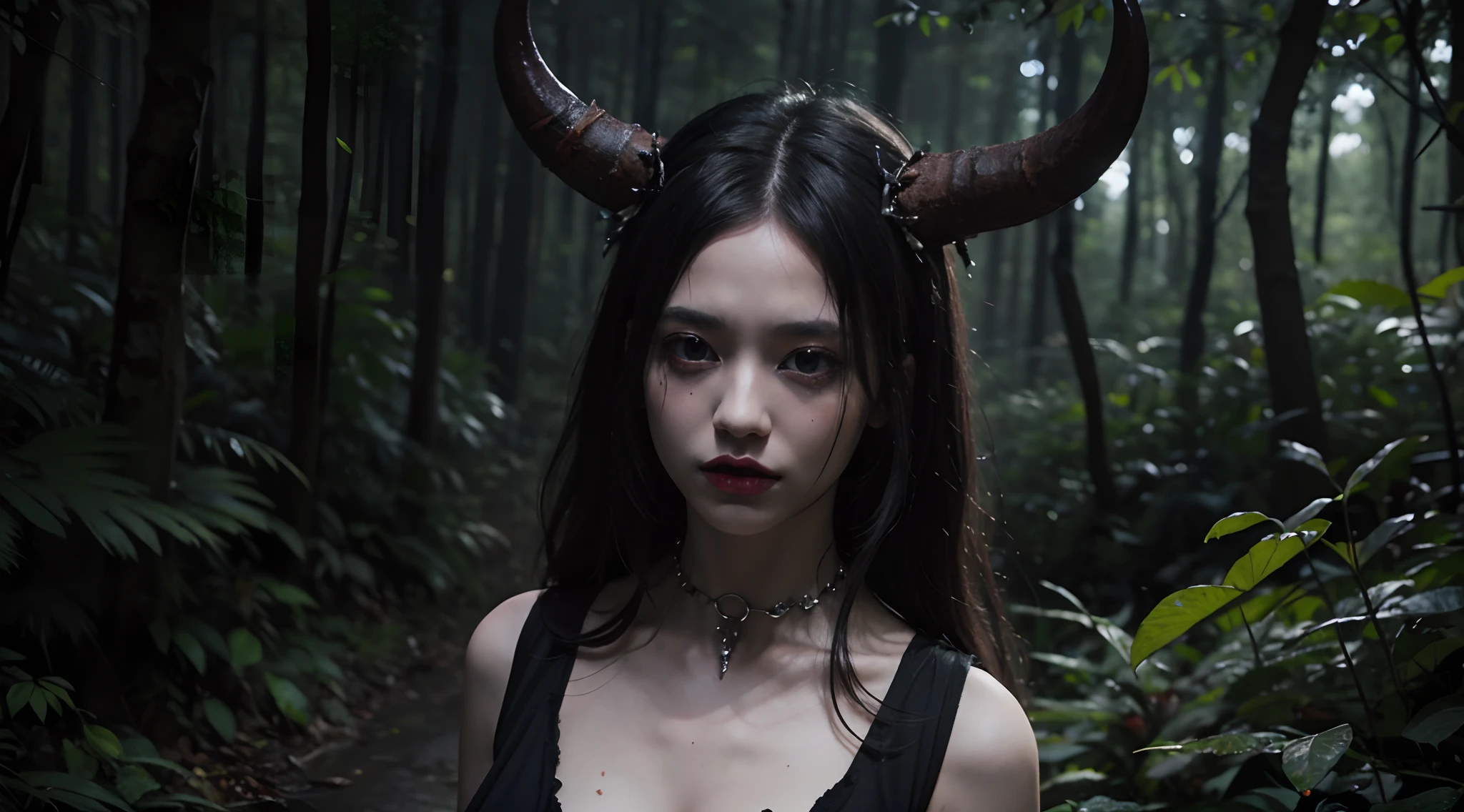 demon woman with horns in a dark forest at night during a satanic ritual, creepy forest, satanic ritual, pagan ritual, pagan goddess, ultra detailed, photorealistic, masterpiece.
