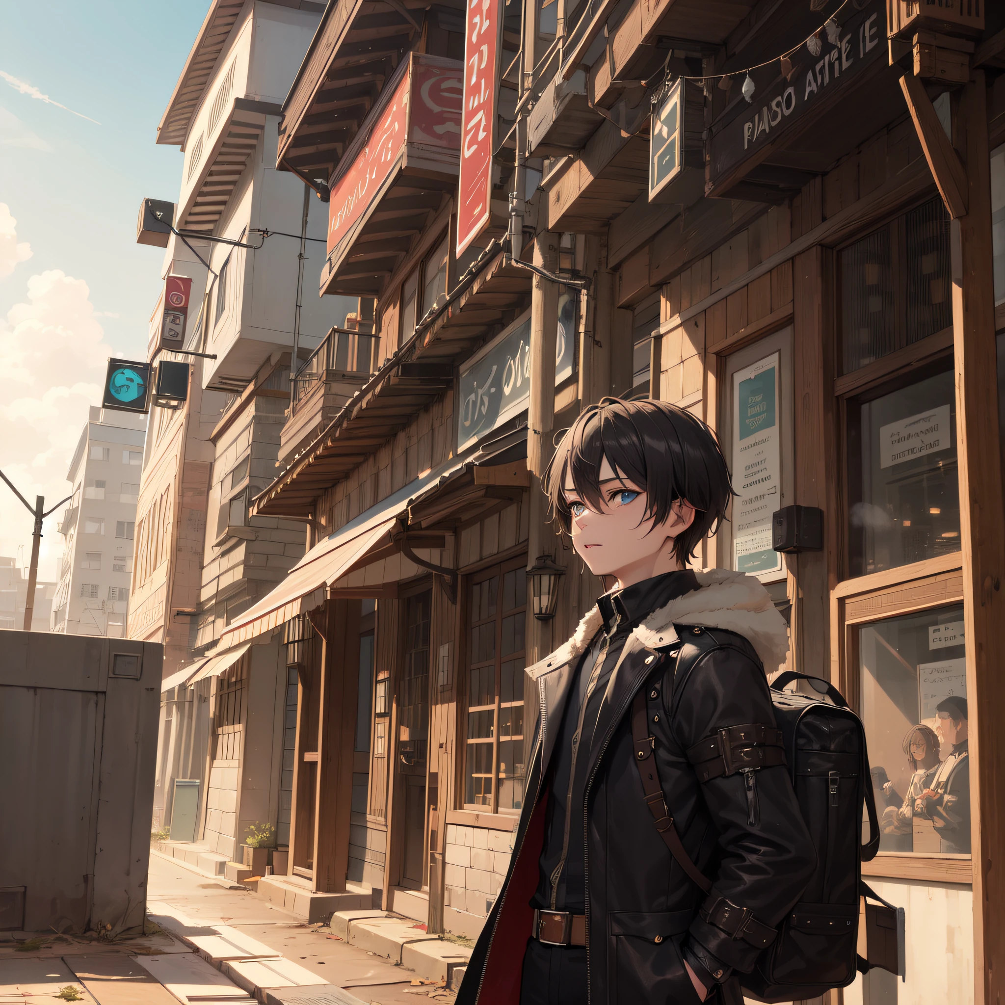 steam punk, cidade, 1boy, cabelo vermelho, olhos prateados, domador de fogo