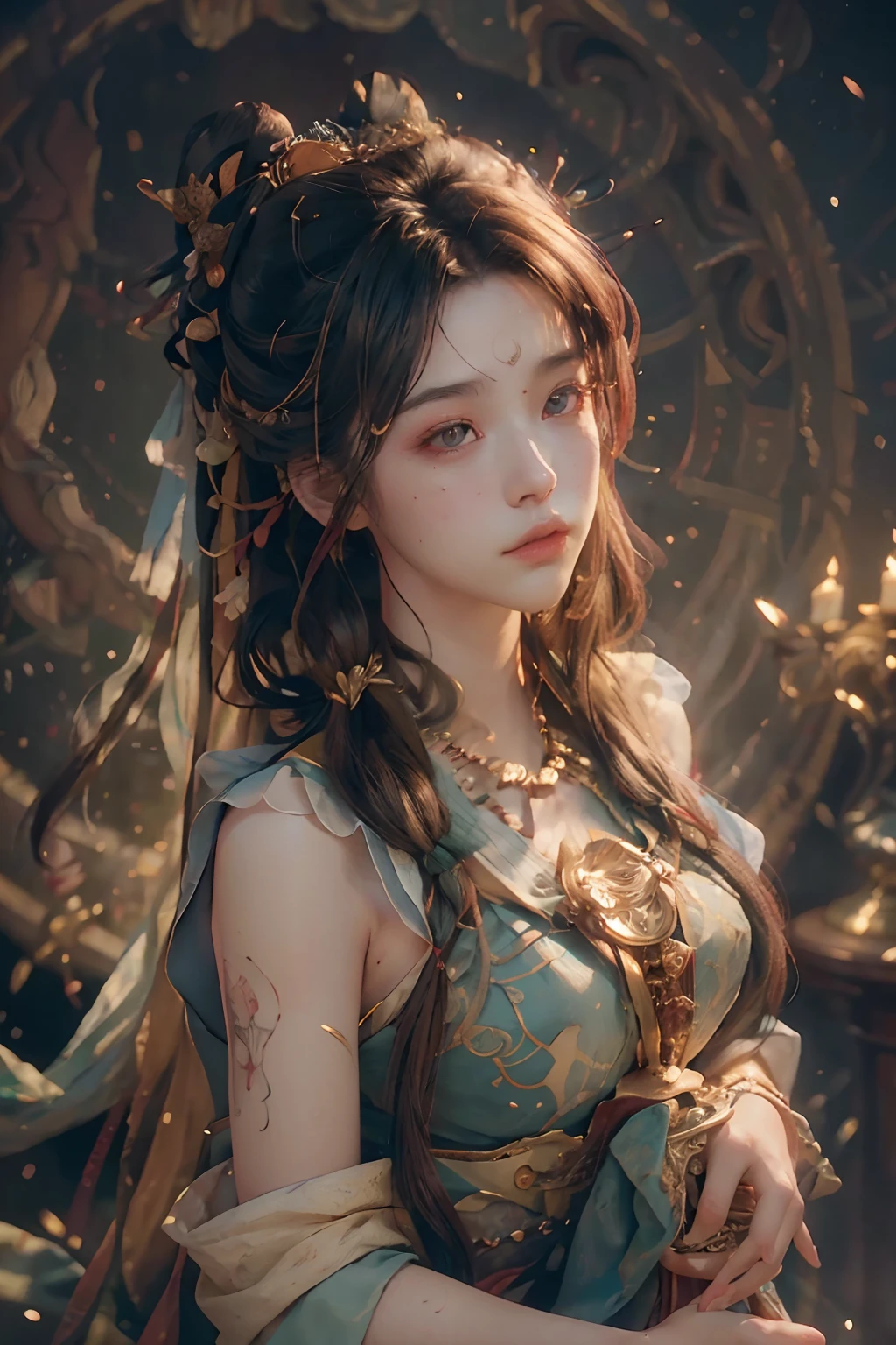 (RAW photo, best quality), (realistic, photo-realistic:1.3),best quality,highly detailed,masterpiece,ultra-detailed,illustration,1girl,upper_body,dynamic angle,world masterpiece theater,messy_long_hair,best quality,extremely detailed CG unity 8k wallpaper,ink,Amazing,cinematic lighting,lens_flare, dunhuang_style
