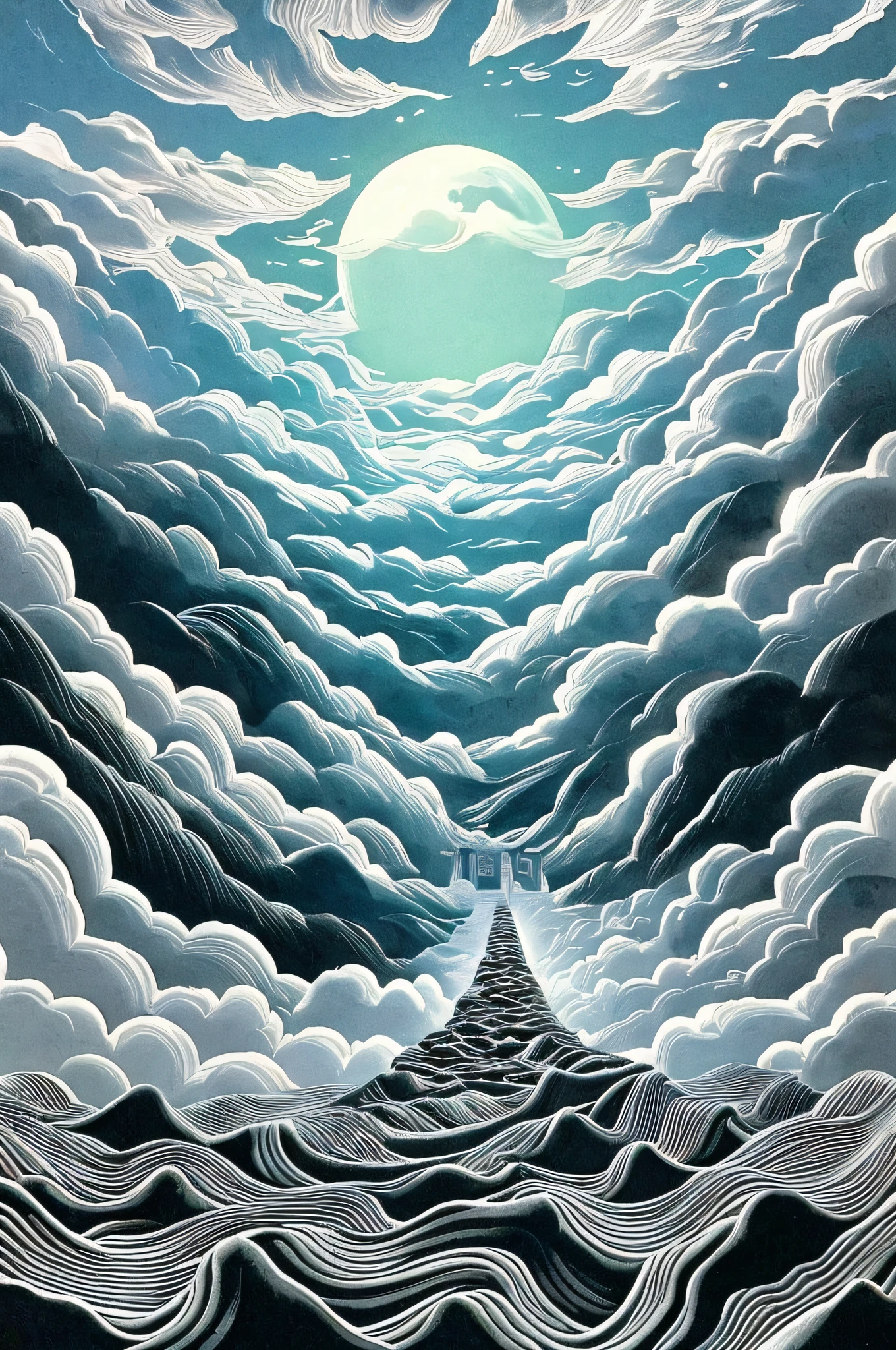 ((masutepiece))，(Best Quality))，china style，In the sky, Clouds form a huge Maitreya Buddha image，Staring at the Earth，Standing Buddha，with light glowing，glow effect，Pilgrims on the road，Hyper-realistic，Ultra photo realsisim，Real Photographics，8K，High Definition，high quarity，Works of masters，super-fine，Chinese black and white ink style，（（（white colors））），decolorization，Smudge，inky，8K，super-fine，high quarity，（（（OC Renderer）））