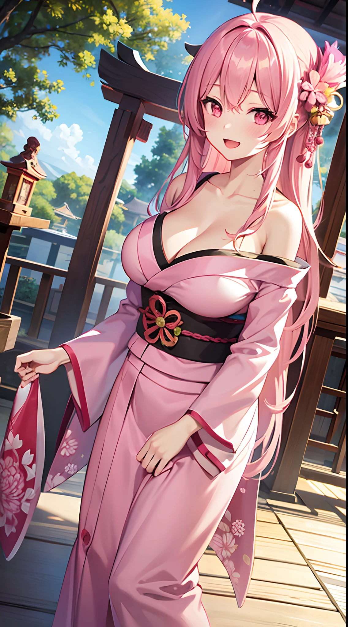 1 girl, game CG, pink kimono, hair ornament, gigantic breasts, pink hair, long hair, straight hair, ahoge, pink eyes, smile, Japanese shrine, dynamic, open mouth, lift breasts,