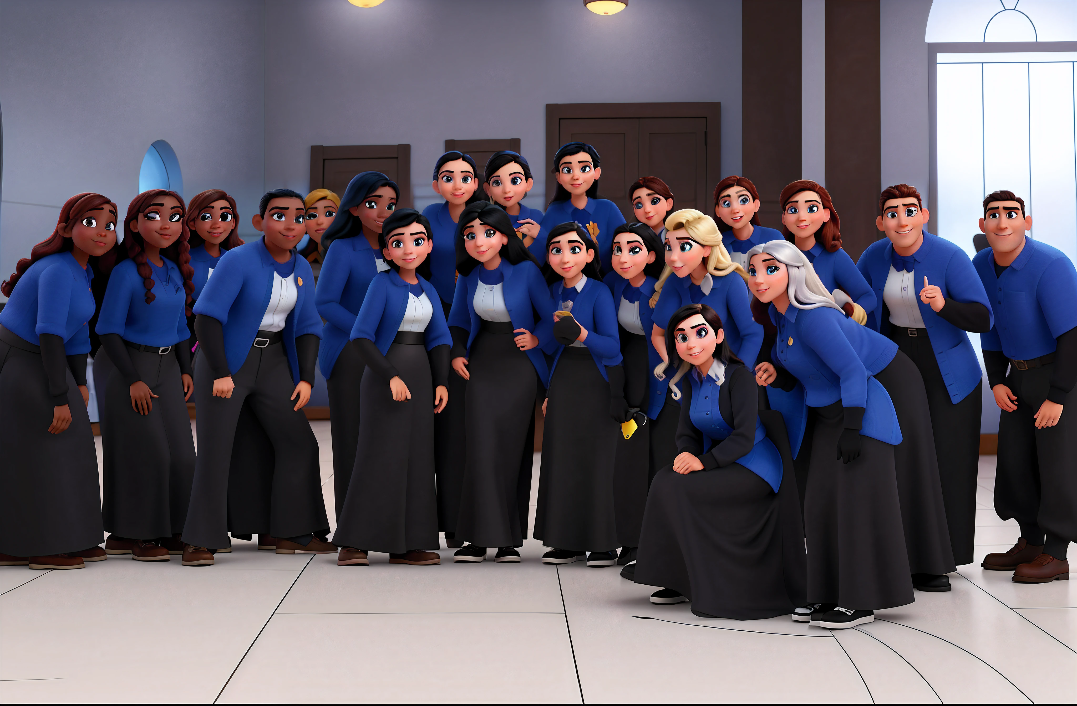 Imagem estilo Disney pixar de formandos com seis homens quatorze mulheres . Todos de beca preta. com olhos perfeitos, sem rostos deformados e sem todos os pontos negativos. Alta qualidade, melhor qualidade.