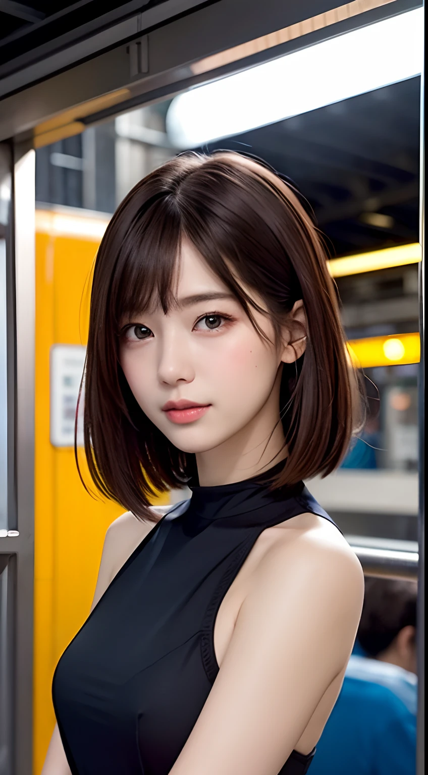 (8K、Raw photography、top-quality、​masterpiece:1.2)、(realisitic、Photorealsitic:1.37)、ultra-detailliert、超A high resolution、女の子1人、see the beholder、beautifull detailed face、A smile、Constriction、(Slim waist) :1.3)、short-cut、Beautiful detailed skin、Skin Texture、Floating hair、Professional Lighting、Wait for the platform train、Mesh GLhuman body、Brown hair