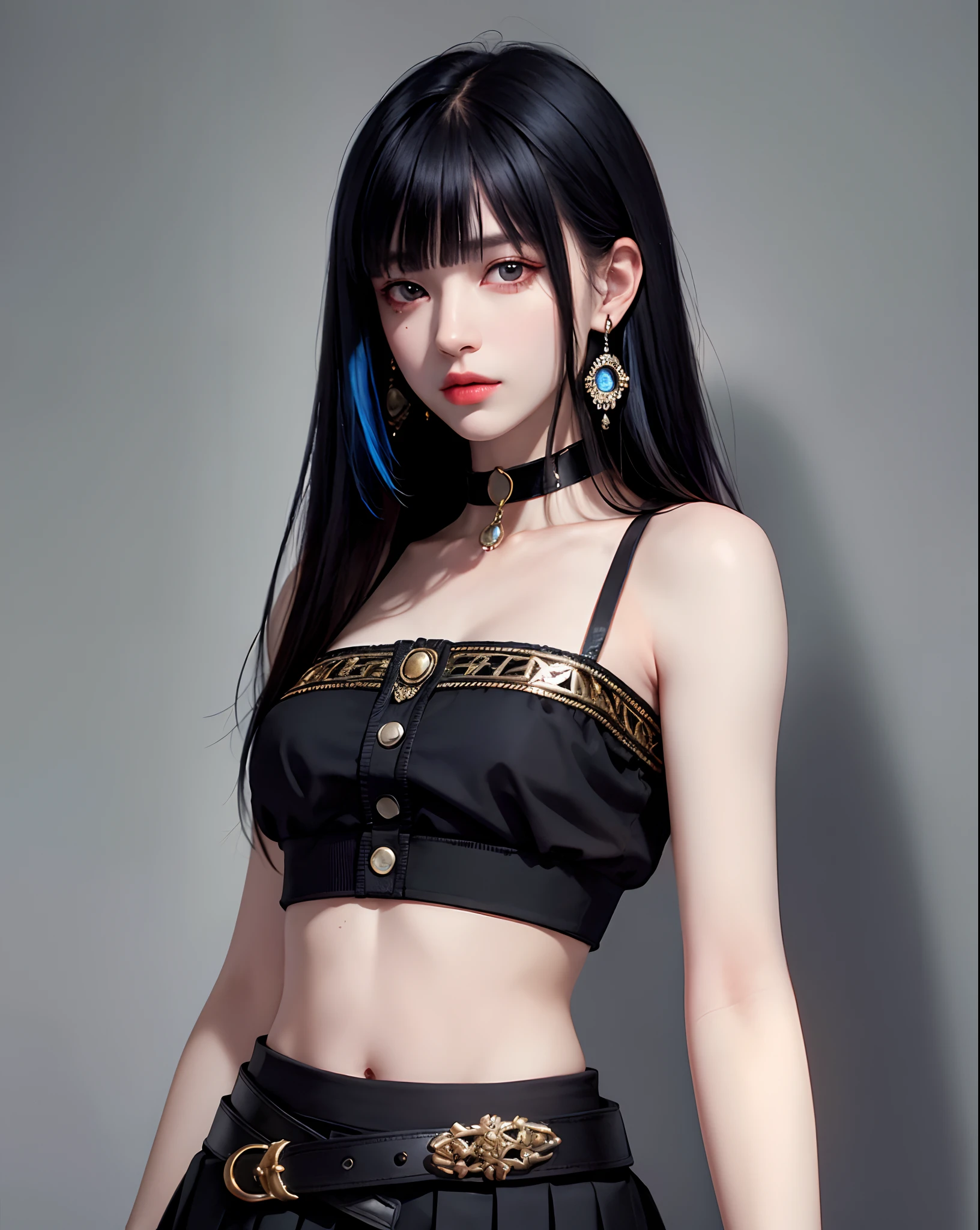 (masterpiece:1.4), (highest quality:1.4), very detailed, Complex, very detailed, (perfect face), Black cap and blue lining、black tank top、It's a bellybutton、Glossy leather pants、tight clothes、long black hair、Blue mesh and inner color hair、cool beauty、sharp eyes、beautiful double eyelids、big cleavage、silver earrings、silver ear cuff、bustling street、City of night