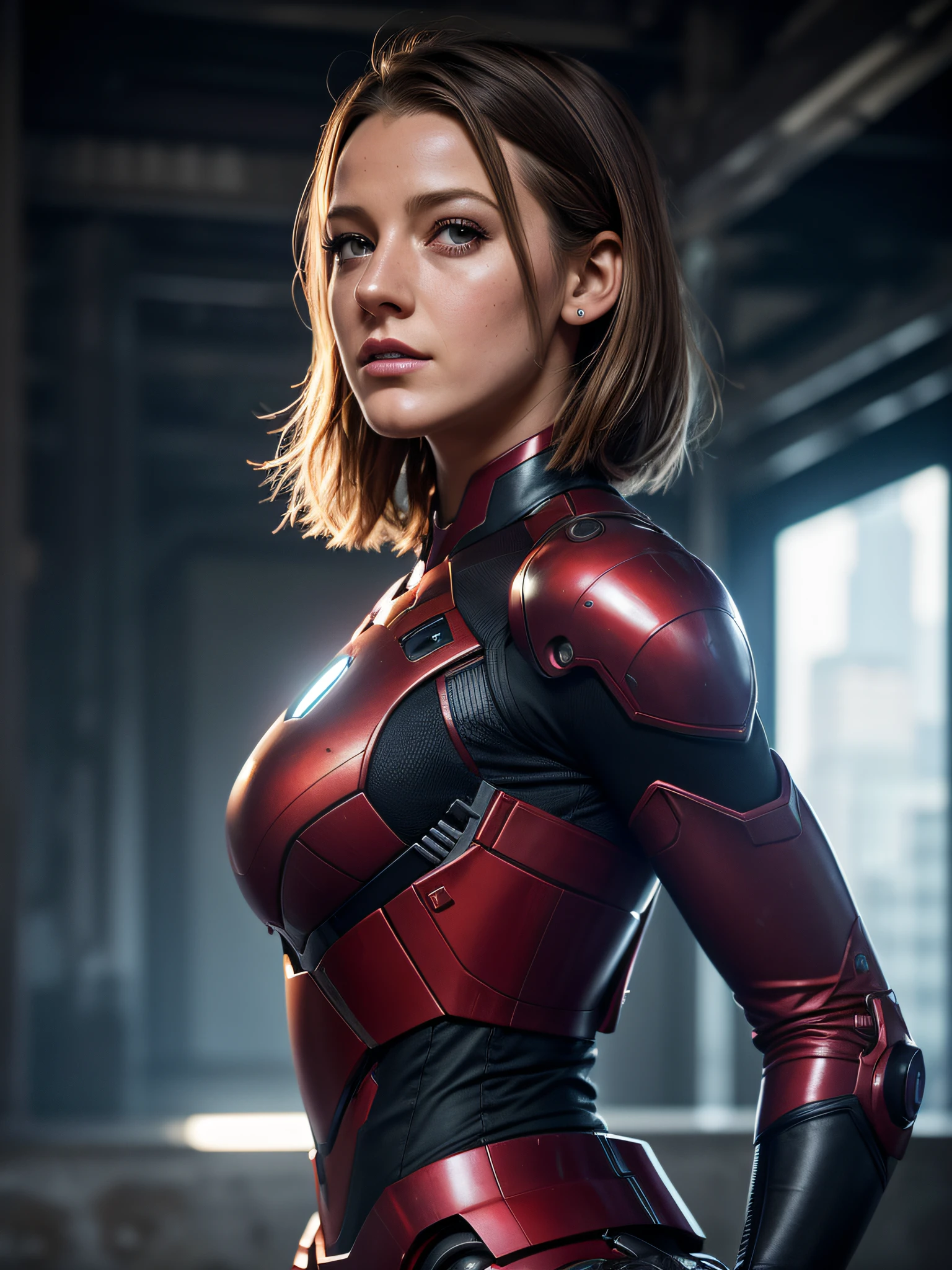 still image from a marvel movie, dynamic photo of 18yo Emmmyers, pink and pastel iron-man armor