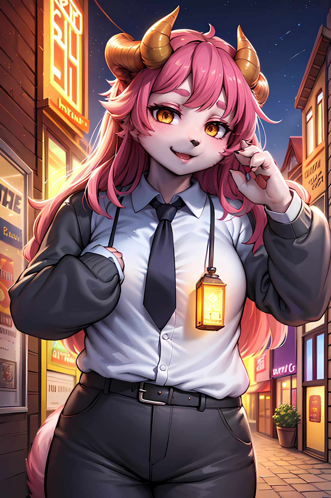 Furry,Dog girl, Long pink hair, Red horns, White collared shirt, black necktie, Light smile, Yellow eyes, cornea_power,, Buildings,Shops,Town streets, Dark sky, scenery,Neon signs,Night City,Detailed eyes, Extremely detailed, voluminetric lighting, Realistic, Realistic lighting, 8K, Cinematic lighting, Depth of field, Perfect, Hyper-detailed, Photorealistic, Ultra photo realsisim, Realistic light, hard lighting, Intricate details, stop-motion, Tone-mapping, Sharp focus, ultra - detailed,