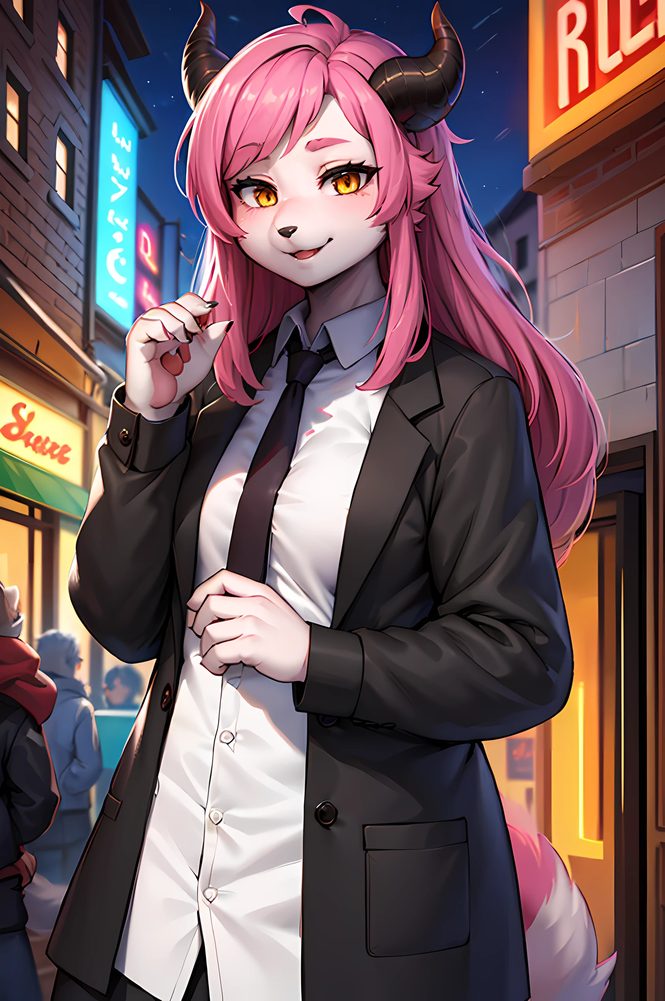 Furry,Dog girl, Long pink hair, Red horns, White collared shirt, black necktie, Light smile, Yellow eyes, cornea_power,, Buildings,Shops,Town streets, Dark sky, scenery,Neon signs,Night City,Detailed eyes, Extremely detailed, voluminetric lighting, Realistic, Realistic lighting, 8K, Cinematic lighting, Depth of field, Perfect, Hyper-detailed, Photorealistic, Ultra photo realsisim, Realistic light, hard lighting, Intricate details, stop-motion, Tone-mapping, Sharp focus, ultra - detailed,