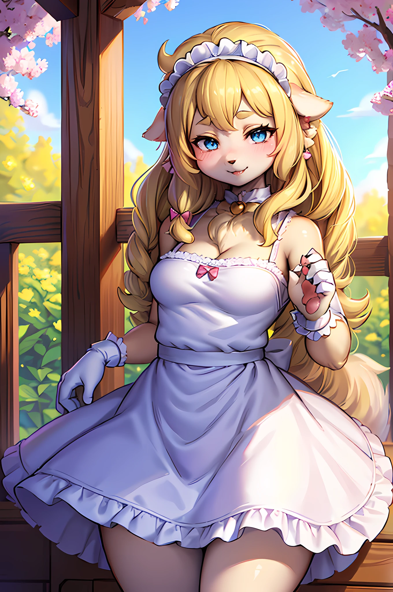 (Furry,Dog girl,Hairy girl in maid costume),(Best quality,A high resolution,Ultra-detailed,Realistic:1.37),Beautiful detailed eyes,beautiful detailed lips,Extremely detailed eyes and face,long eyelasher,with its soft fur,Blonde hair,Natural sunlight,Flower garden,Pastel colors,Peaceful atmosphere,Warm and comfortable environment,Vibrant colors,Playful expression,Gentle smile,Sparkling eyes,Curly hair,Elegant Pose,Cute dog ears,Cute tail,Fluffy skirt,Delicate embroidery,Ruffled lace apron,maid headband,Lovely collar,Bunny slippers,Ribbons,Rustic white frills,luxurious fabrics,Petite figure,Clever rendering,Fantastical Atmosphere,Dainty hands+the bow,Small proportions,graceful movements,Innocent charm,whimsical details,mesmerizing backdrop, Dreamy lighting, Artistic composition