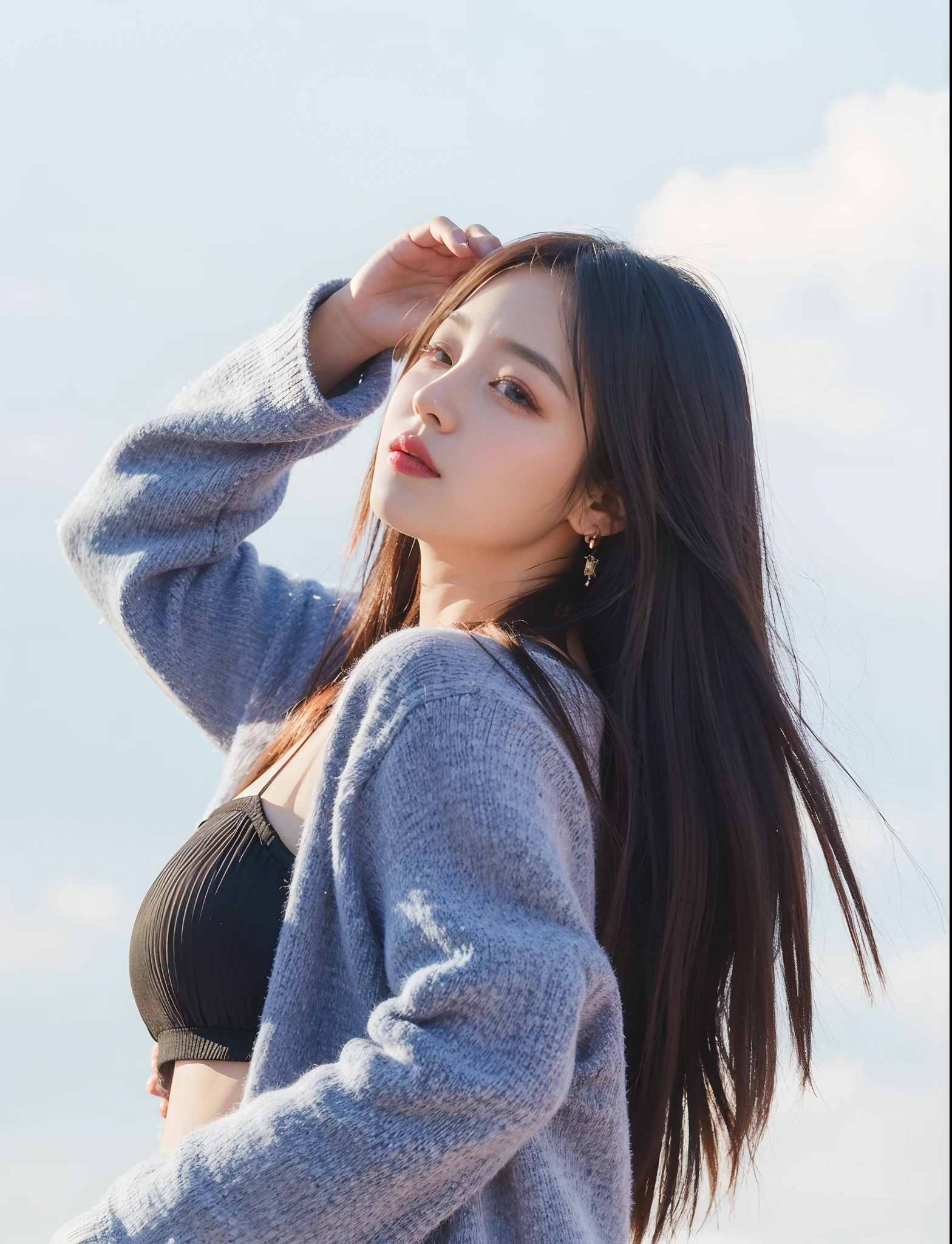 The long-haired woman leaned against the railing,With his eyes closed, bae suzy, On a sunny day, krystal, portrait jisoo blackpink, hot with shining sun, girl wears a red dress, shot at golden hour, Wearing a red cheongsam, Portrait shooting, photoshoot, Album art, ulzzangs, jisoo of blackpink, red velvet, jisoo from blackpink,Open,largeeyes,