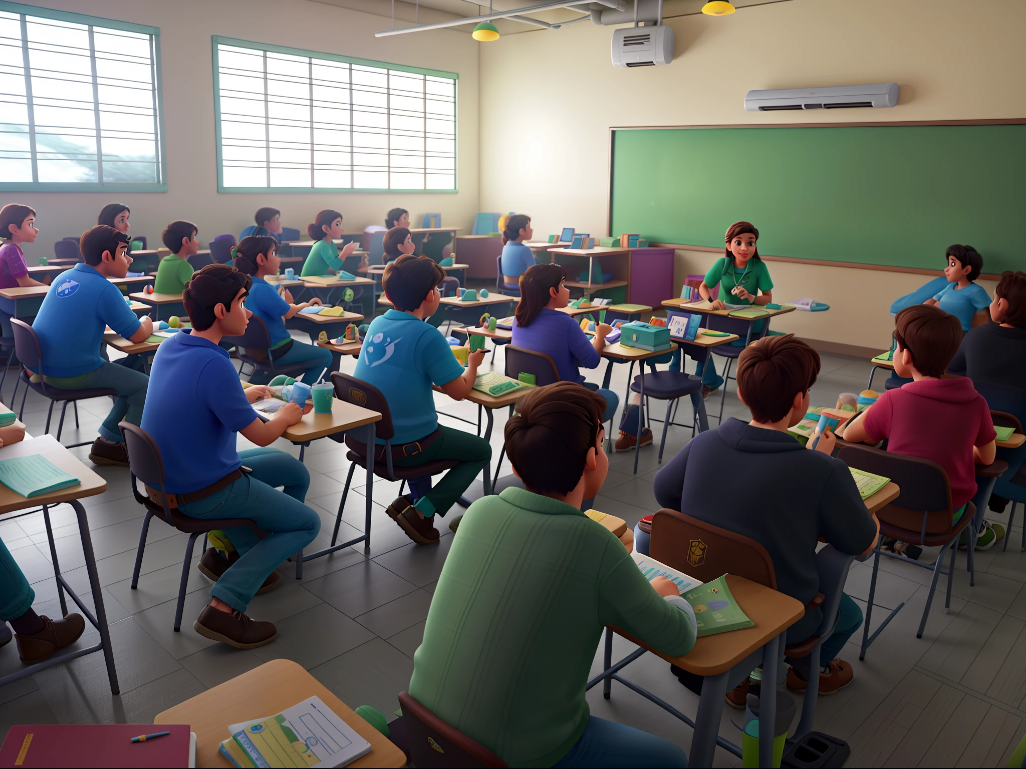 Imagem estilo Disney pixar de uma sala de aula com  lousa verde.  Alta qualidade, melhor qualidade.