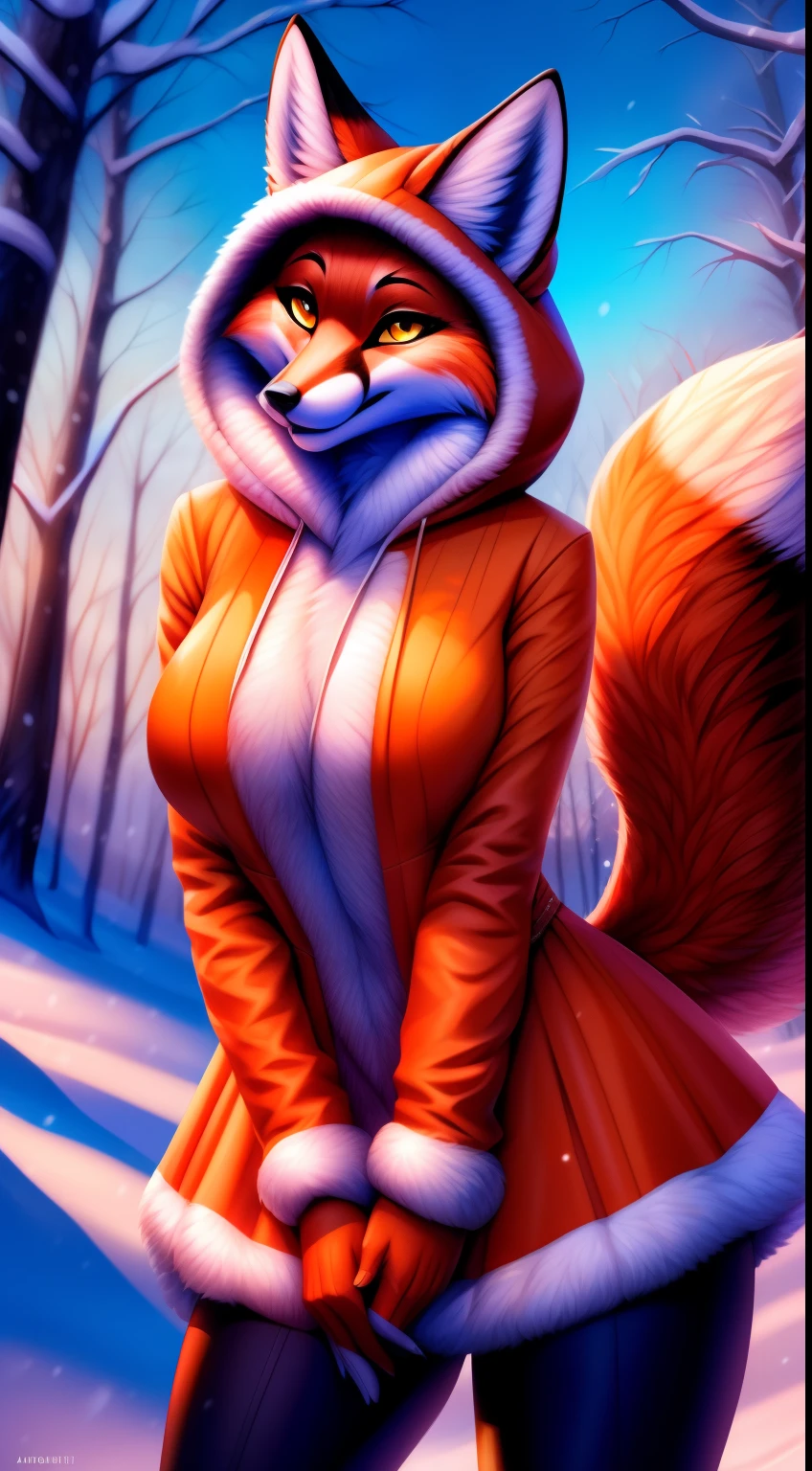 Alice, 独奏, 1girl, animal ears, Color: Red, Orange, female focus, 1 fox tail, Red tail of the best quality, exteriors, Orange skirt with fur trim, black stockings, happy face, hood, Detailed background, orange jacket, fur-trim, Furry, Fluffy, fur-trimmed sleeves, Orange fur coat with fur trim, Fox ears of the best quality, a 1girl, 独奏, Focus Photo, Smile, blusher, looking a viewer, Evening sunset, winter, It's snowing, detailed yellow eyes, Detailed beautiful yellow eyes, detailized face, detailed hands and fingers, High-quality hands and fingers, Perfect anatomy of the body, Perfect posture, Perfect anatomy of the hand, Perfect finger anatomy, Heightened sexuality, big breastes, skinny waist, winter boots, beste-Qualit,in detail,high-resolution illustration, Cute, canny smile, blusher, voluminous breasts, closed breasts, Vulgar girl, A thin, soft, Beautiful and detailed portrait, 8K, HDR, Excellent quality, higly detailed, Detailed fur, ((tail correct position)), handsome girl, In a snow-covered dark forest, among the trees, Winter forest landscape, Eyes of detail, 电影灯光