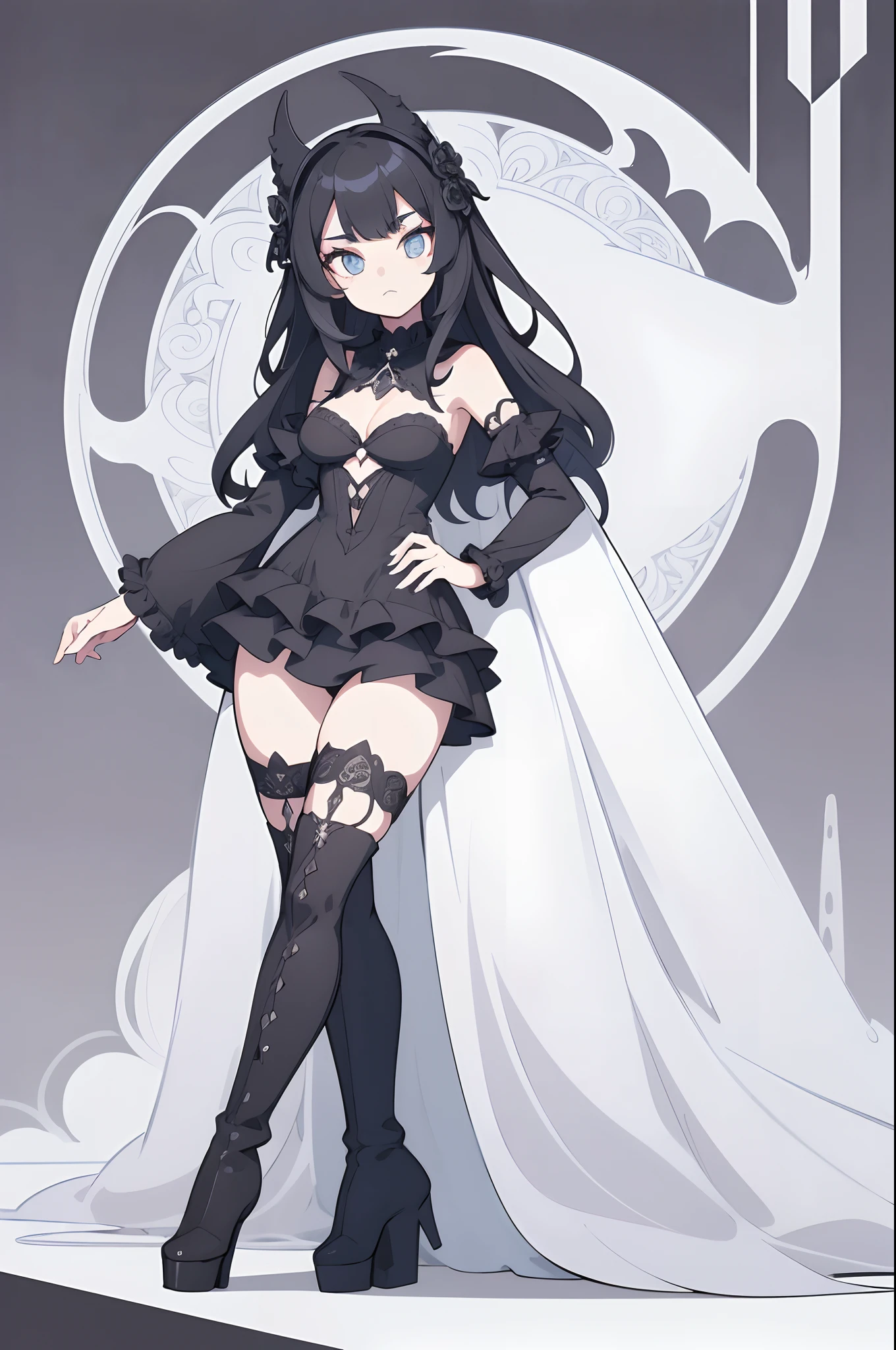 flat design, material design, deformed pop art, Adobe Illustrator, anime character, one girl, full shot, black long hair, black dress in the gothic style, an intricate gothic-style dress with detailed lacework, layers of silk and velvet, adorned with ornate patterns and a dramatic collar, black knee high boots.