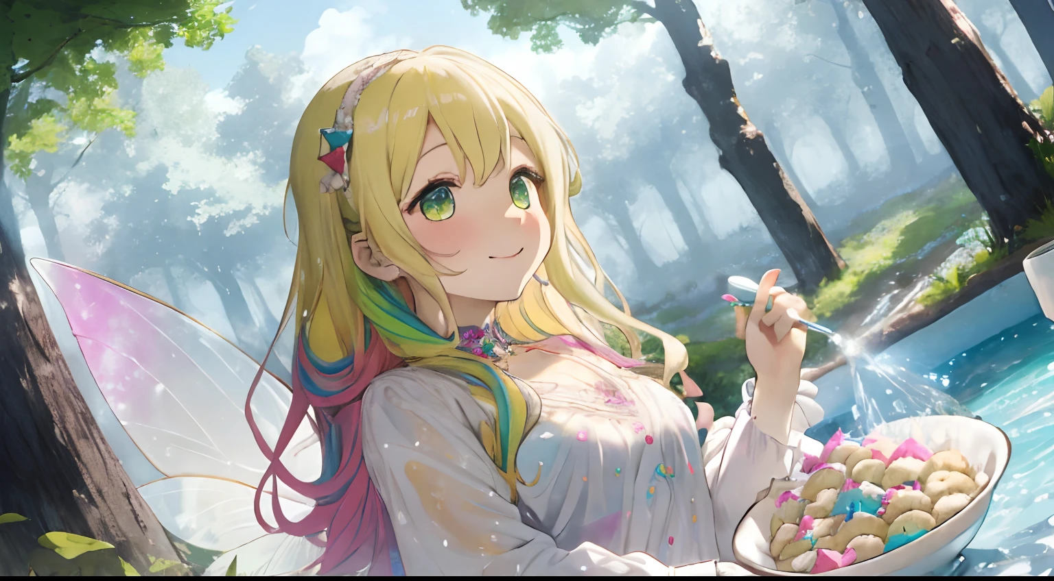 Fairy Forest,House of sweets,World of Sweets,Multicolored sweets,Ruffled apron,Luxurious clothes with a wide open chest,Wavy blonde,yellow-green eyes,red tide,Stick your finger in the white liquid,Look up and smile shyly,Whisk,Bowl with white liquid,Multicolored Ice Cookies,Icing cookies,decoration,Cookie Man,AHE Face,SEX,White liquid on the chest,