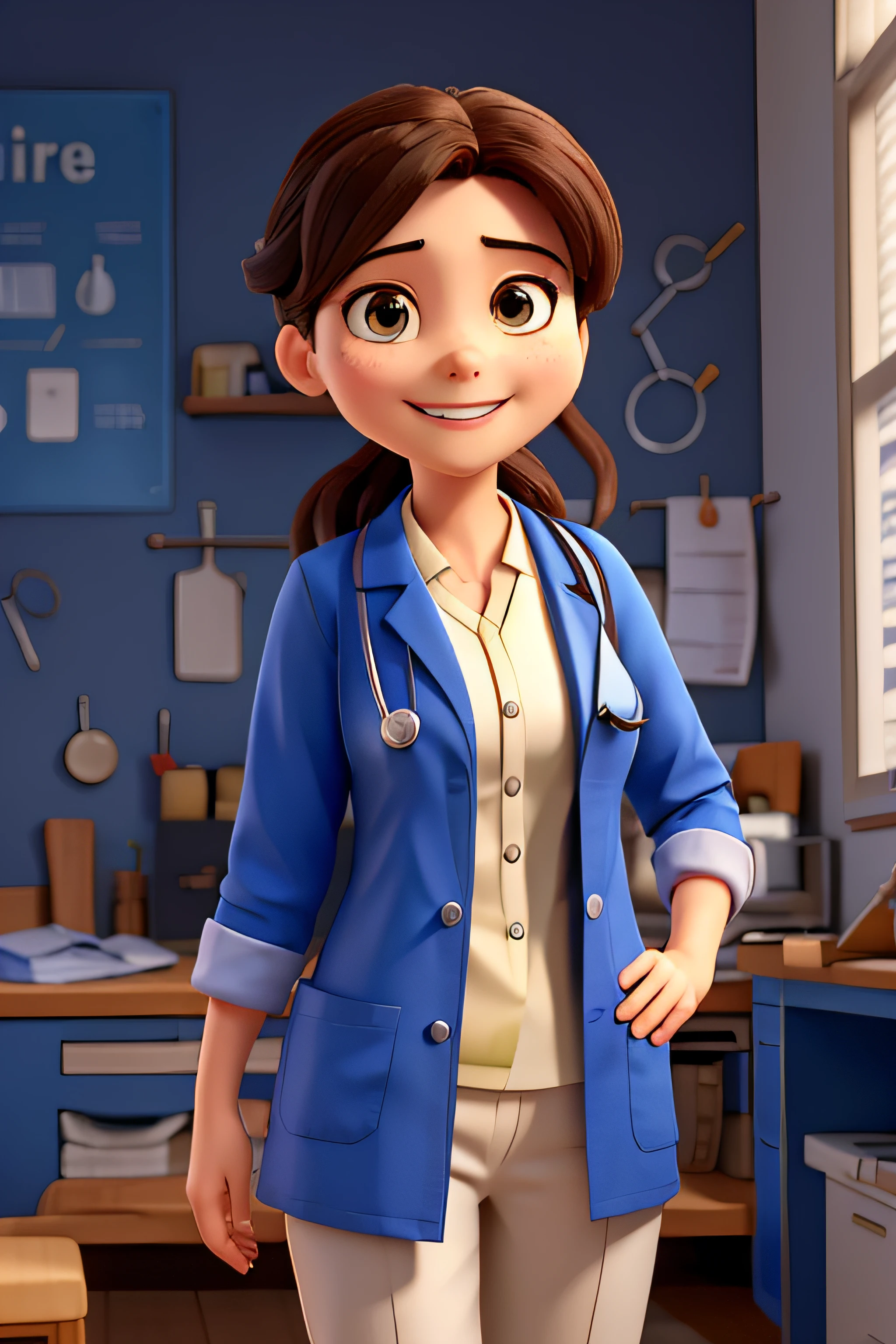 An doctor in the midle of the image. She is wearing an doctor outfit. She has an stethoscope. She is confident and has a smile on her face.