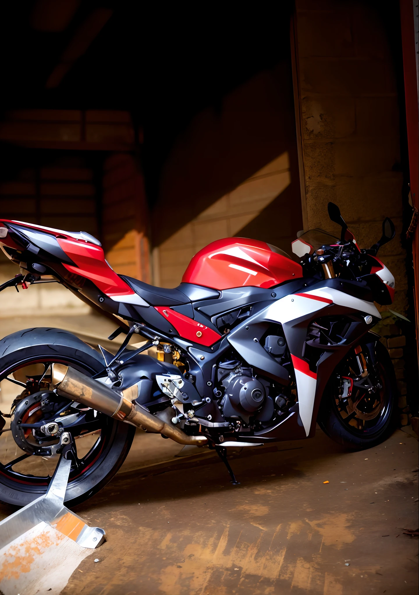 there is a motorcycle parked in a garage with a red tape, front side full, yoshimura exhaust, captured with sony a3 camera, taken with sony a7r camera, side front view, motorcycle, front side, samurai vinyl wrap, f 3 2, f32, front side views full, rear shot, front side view, motorbike, front profile