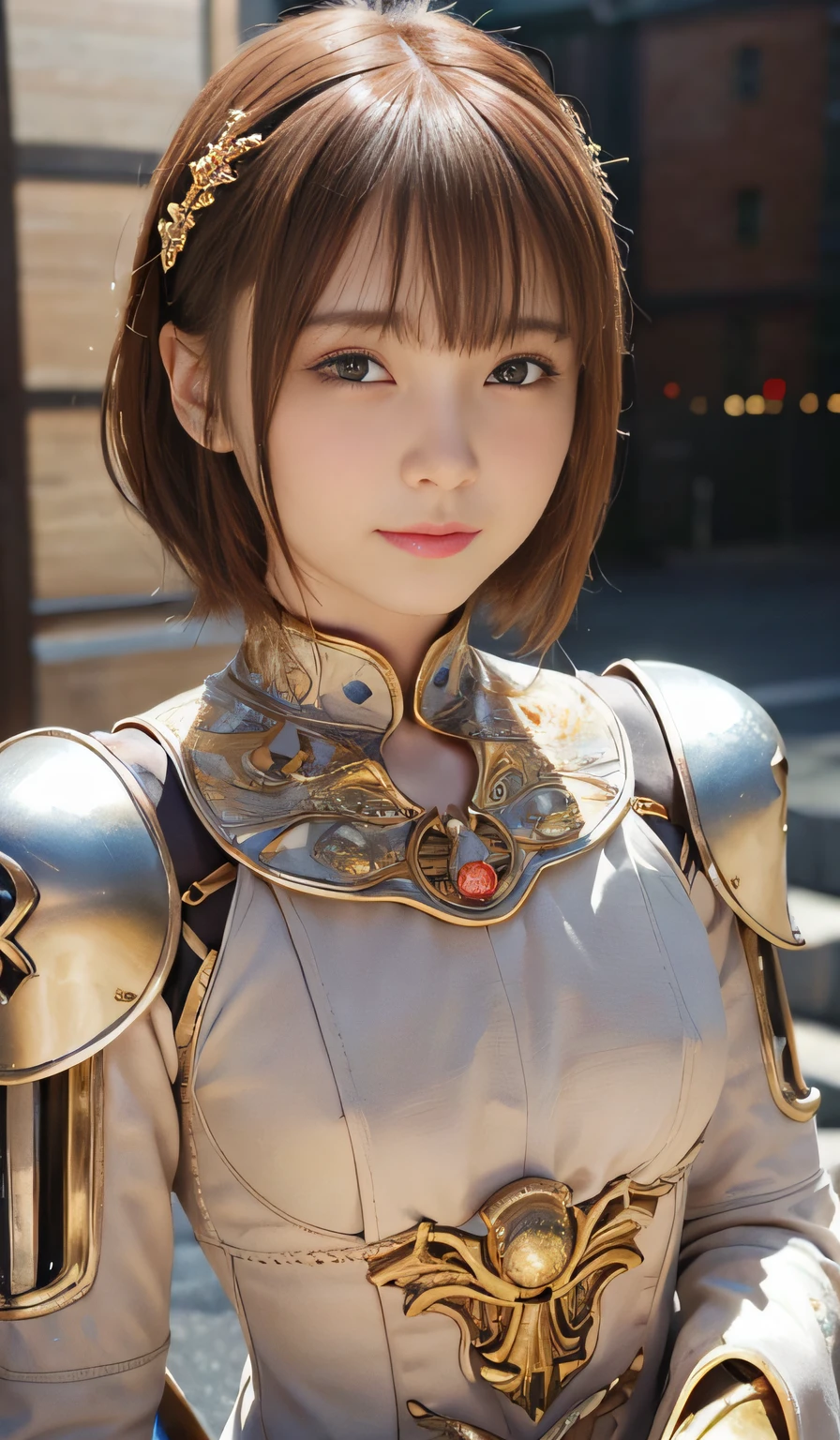 top-quality、​masterpiece、超A high resolution、(Photorealsitic:1.4)、Raw photo、女の子1人、Golden hair、glowy skin、(((1 Mechanical Girl)))、With a beautiful knife、（Silver Metal Bodysuit）、(Medieval European city background)、(Small LED)、((super realistic details))、portlate、globalillumination、Shadow、octan render、8K、ultrasharp、metals、Details of complex ornaments、Japan details、highly intricate detail、Realistic light、CGSoation Trends、radiant eyes、Facing the camera、neon details、(Mechanical limbs)、()、Mechanical vertebrae attached to the back、mechanical cervical attaching to neck、()、Gundam、Small LED、Best Quality, Photorealistic, 8K, hight resolution, fulcolor, 1girll, Woman, Female, , (Closed mouth:1.73), Pure white background，Bring skin care products closer to the cheeks，With fair skin，semi transparent， view the viewer:1.8, (1girl eyes looking at viewer:1.55), (Medium Hair, brown haired, parted hair:1.45), (Bokeh),