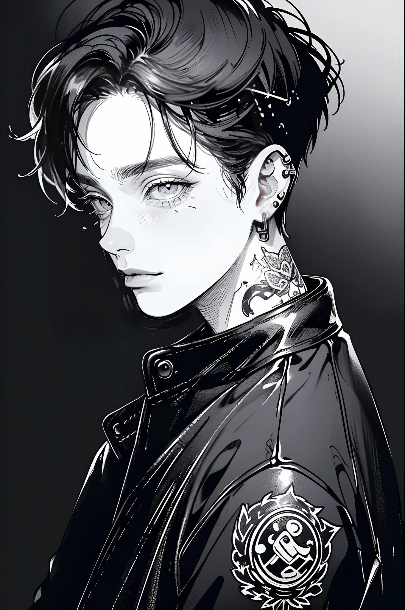 (4K works))、​masterpiece、(top-quality)、((black backgrounds))、Korean Male、Adult male、((Adult 50 years old))、((Adult uncle type))、((Leather Jeans Style))、((Face similar to Hyunjin))、Cool Men、tall、((Wild features))、((Glaring expression))、((Long sleeve long trouser style))、((Smaller face))、Slim body、(((short-haired)))、((shot from a side angle))、((profile))、((Turn the body to the side))、((Shot alone))、((Solo Photography))、Professional Photos、((He is in front of the viewer))、((Monochrome photography))、((Upper body photography))、((Wear a lot of piercings))、((Mouth piercing))、((Icon Photo))、((Sick Boys))、((Mine Boys))、((tattoo))、((Mine photo))、((Bad Boy Pose))