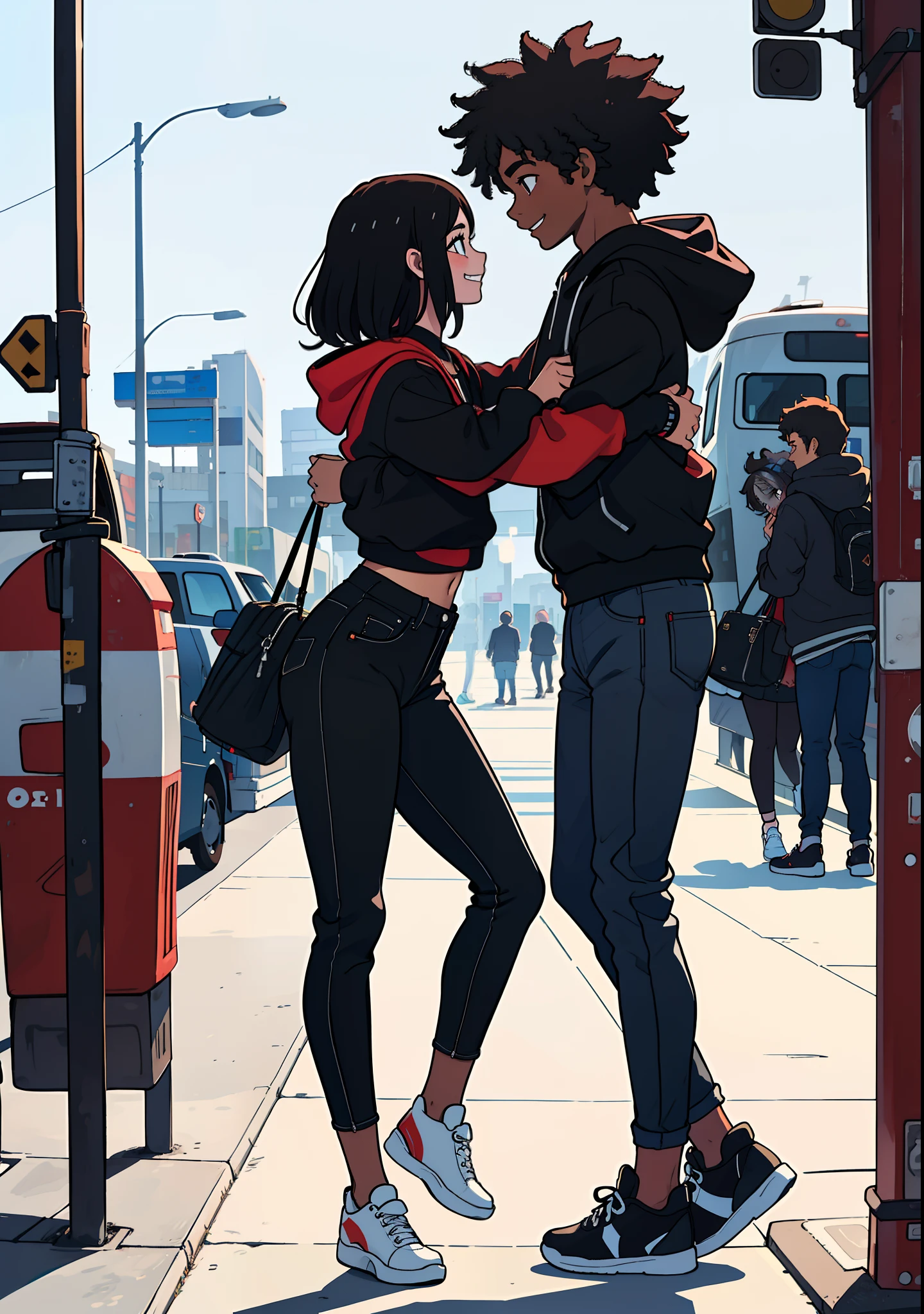 um jovem casal de namorados, um menino alto, negro, com cabelo afro pequeno, He's wearing a red sweatshirt, Black jeans and black and white sneakers, The girl is short, branca, cabelos pretos longos e lisos, com uma mochila nas costas e segurando uma mala de viagem, She's wearing black jeans, top cropped preto e coturno preto, She's hugging the boy,They're inside a bus station next to a black bus, They're both looking at each other smiling, arte estilo anime