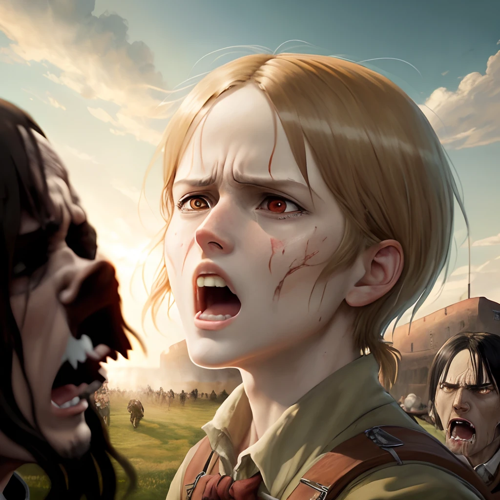 Scene from the anime Attack On Titan in the style of Renaissance painting in high definition