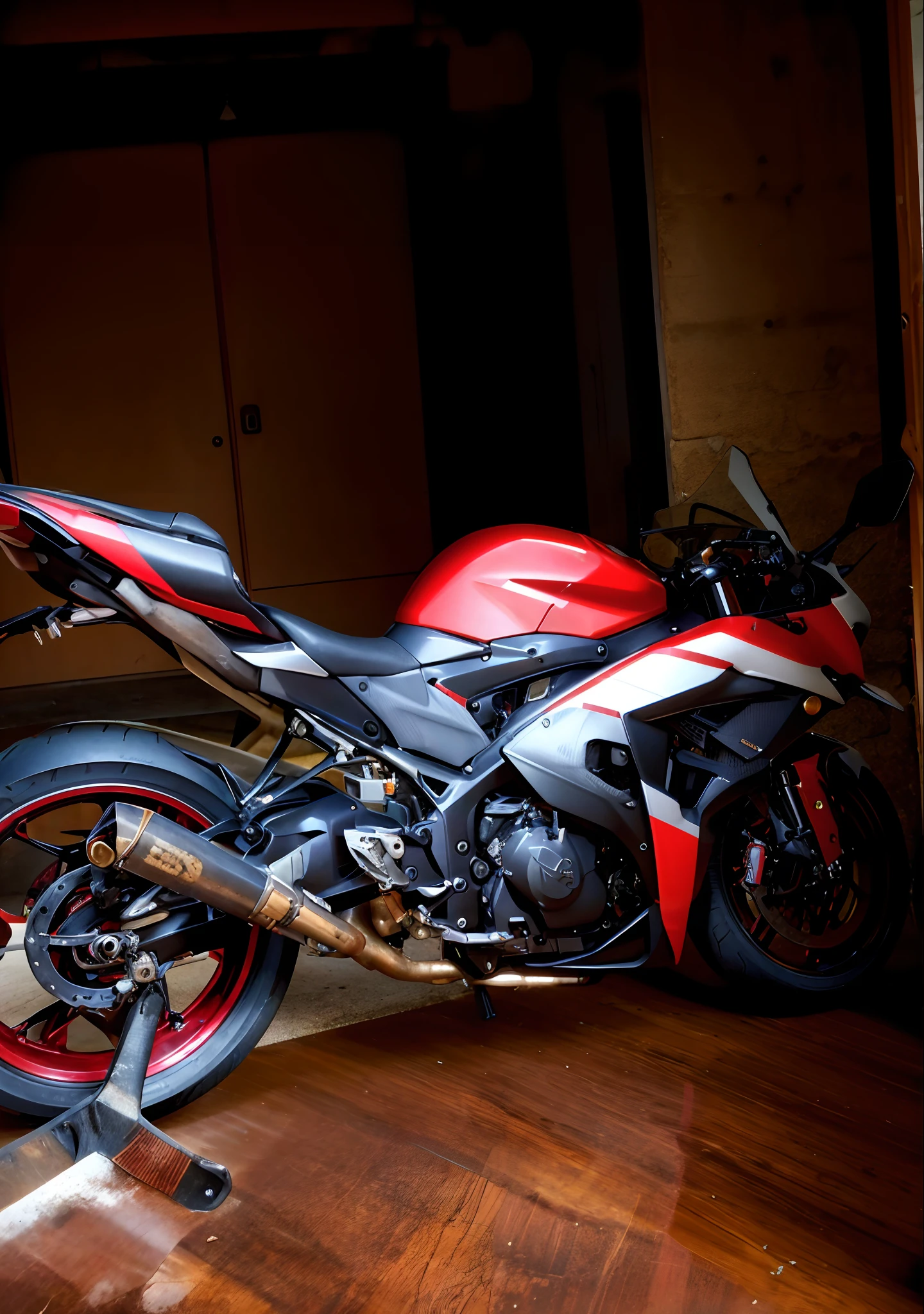 there is a motorcycle parked in a garage with a red tape, front side full, yoshimura exhaust, captured with sony a3 camera, taken with sony a7r camera, side front view, motorcycle, front side, samurai vinyl wrap, f 3 2, f32, front side views full, rear shot, front side view, motorbike, front profile