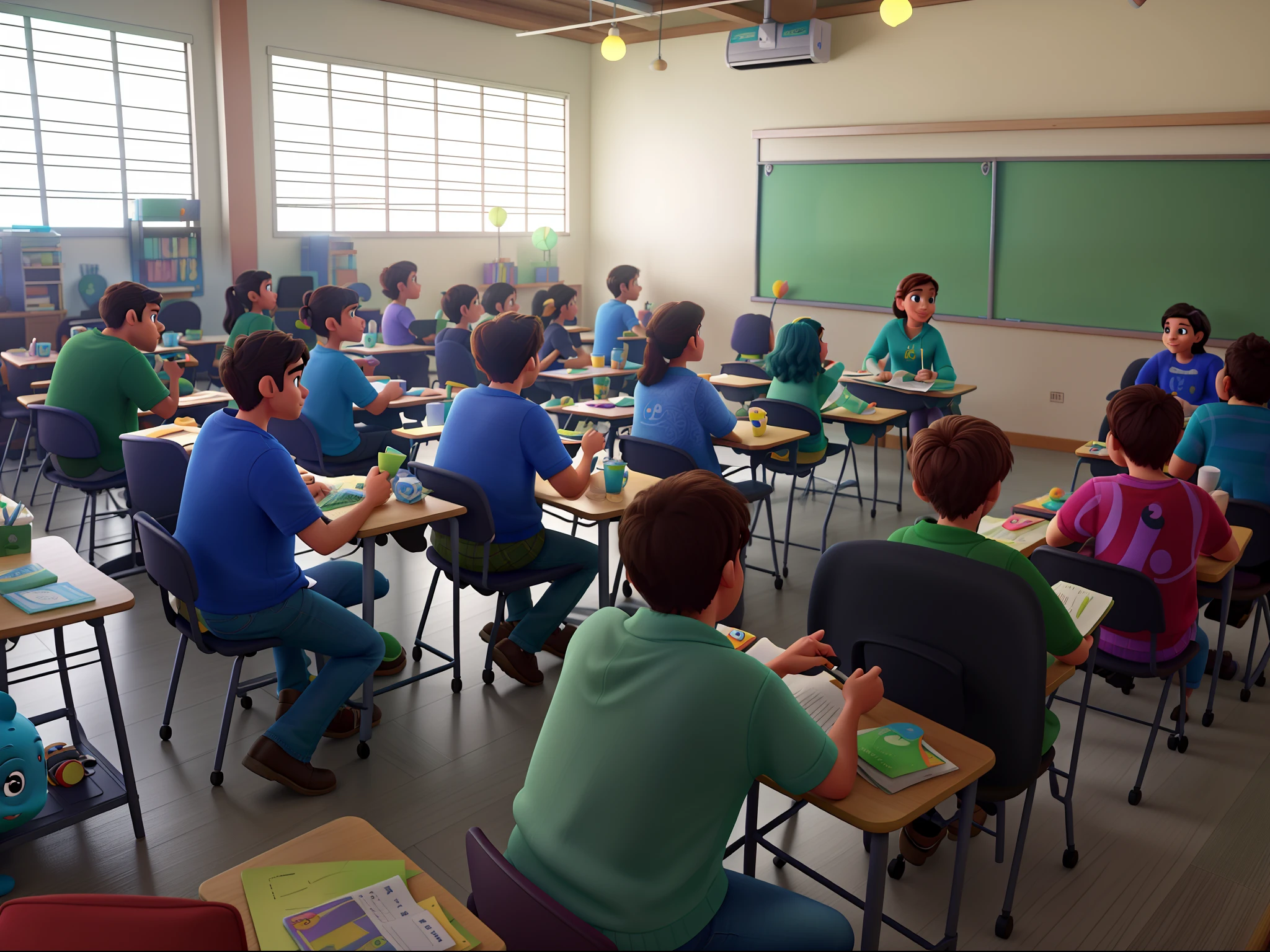 Imagem estilo Disney pixar de uma sala de aula com lousa verde. Alta qualidade, melhor qualidade.