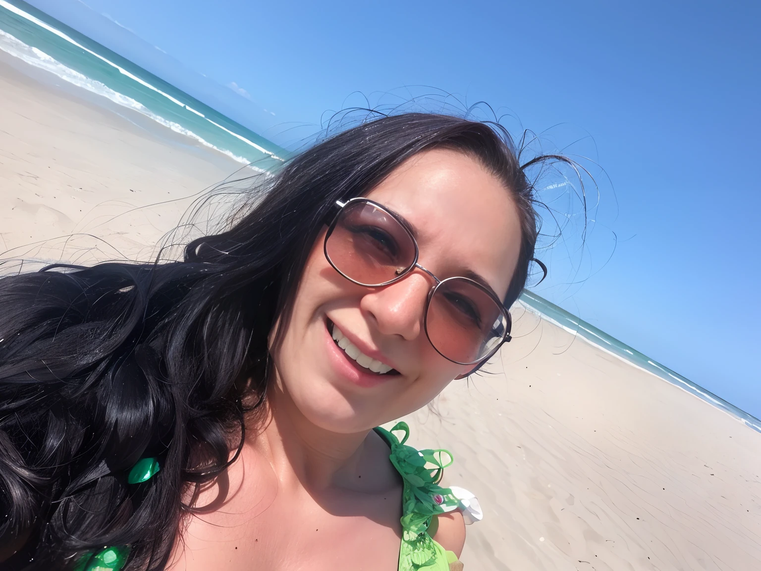 Smiling woman with sunglasses on a beach near the ocean, imagem de perfil, na praia, na praia, 3 5 year brazilian mother, foto de praia, dia ensolarado na praia, em uma praia ensolarada, foto de perfil, em uma praia, standing at the beach, posando em uma praia com o oceano, 3 0 anos mulher, 4 5 I