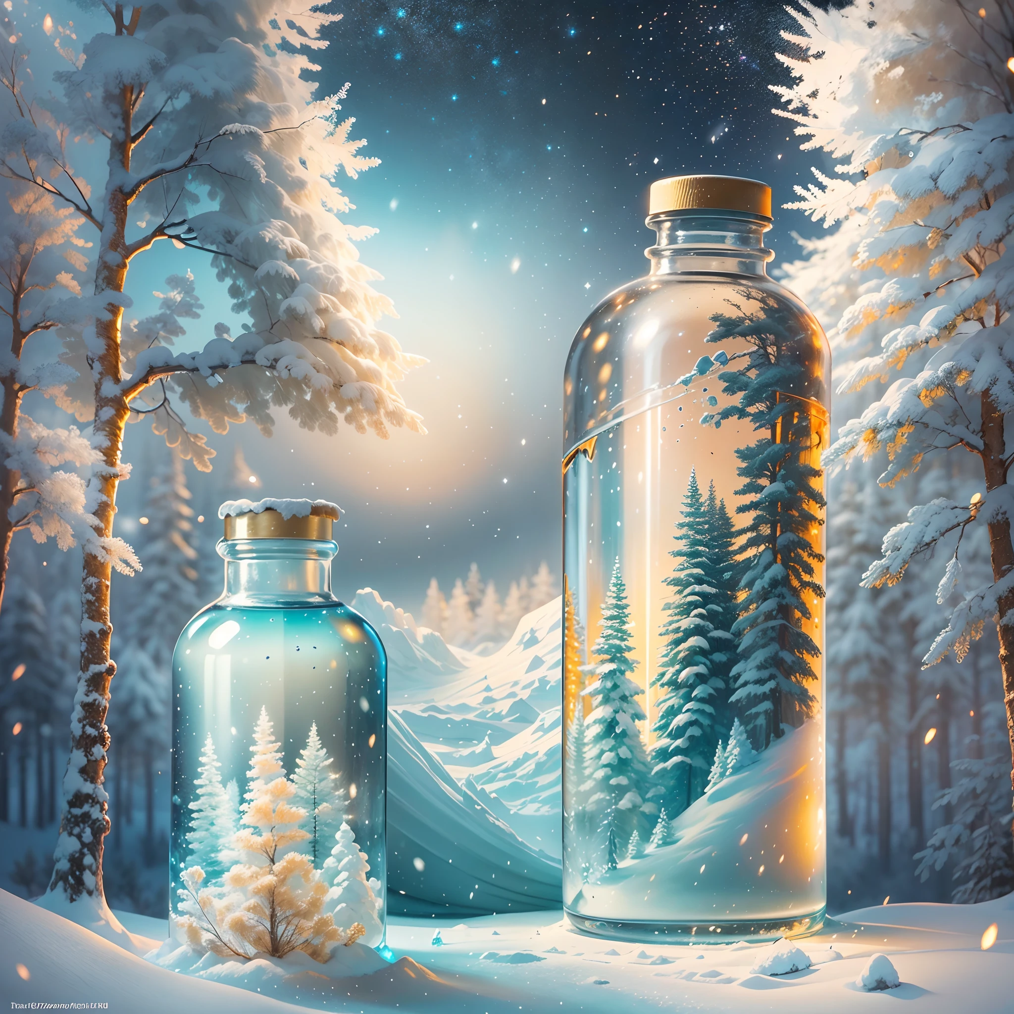 Best quality, super ultra-detailed, photorealistic medium, photorealistic, painting, rime, soft rime covered pine forest, beautiful ice and snow soft rime, glowing, ethereal, night sky, clear glass bottle, reflective sense, sparkling stars, hard rime landscape, magical scene, bright colors, pastel tones, warm golden light, tranquil atmosphere