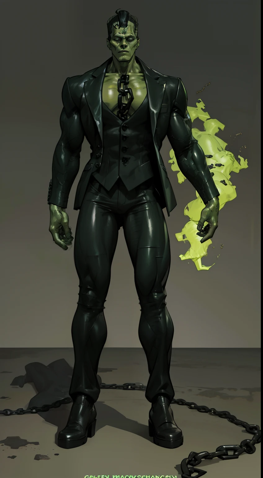 (Frankenstein monster), ((green gray skin)), colored skin, muscular, masterpiece, full body view, ((distressed black business suit)), open white shirt, oversized brown boots, angry face, bolts on each side of neck, chains around a wrists, standing monstrous