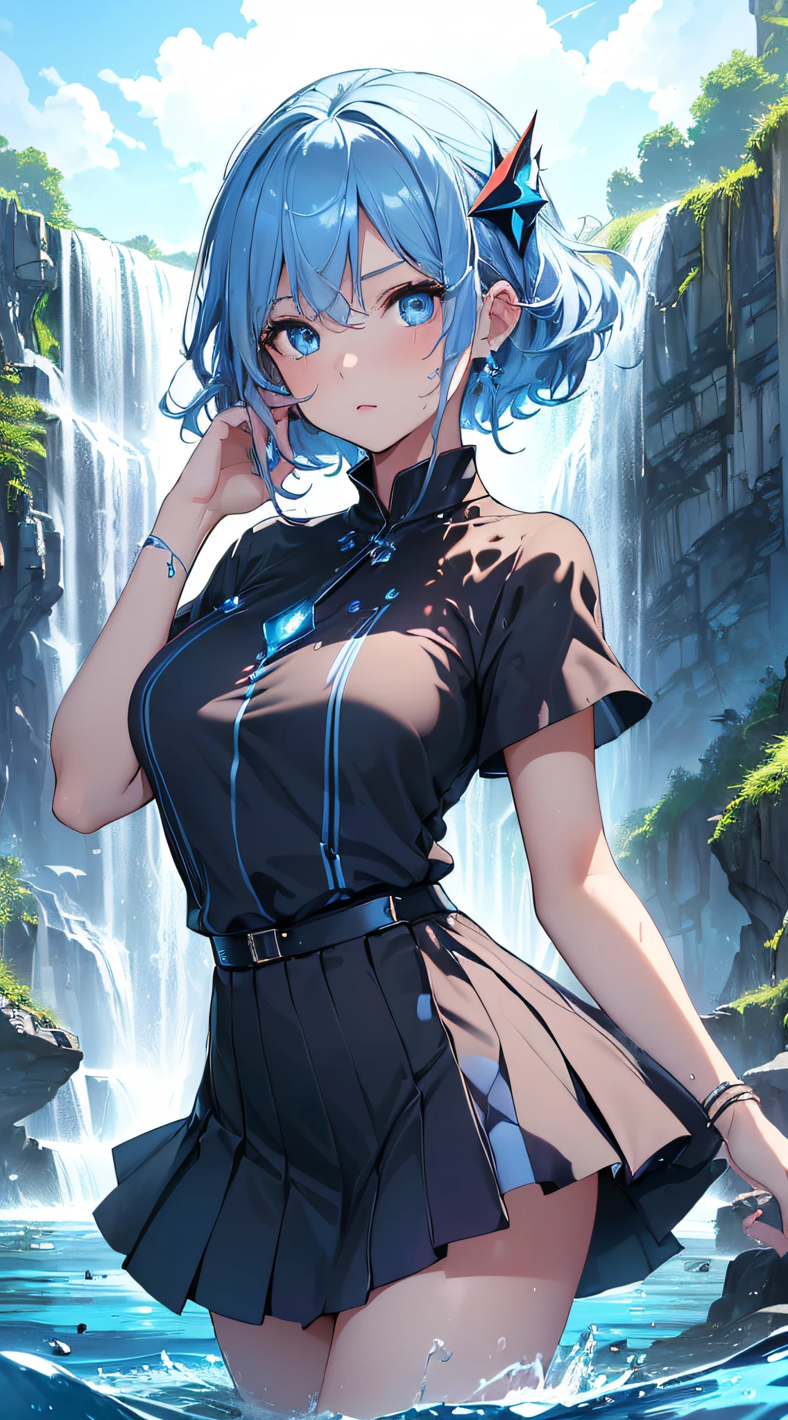 top-quality、Top image quality、​masterpiece、girl with((18year old、Best Bust、Bust 85,Beautiful blue eyes、Breasts wide open,Short, Light blue hair with a sense of sheer、A slender、Large valleys、Light blue and black Y-shirt,Short skirt in dark blue、Reflecting the whole body、Black wristband on wrist、Star-shaped hair ornament、Red face、Slippery texture、Aura of water)）hiquality、Beautiful Art、Background with((Clear blue sky、Tornado of welling water、Water Waterfall、Water tornado)))masutepiece、visualart、depth of fields、