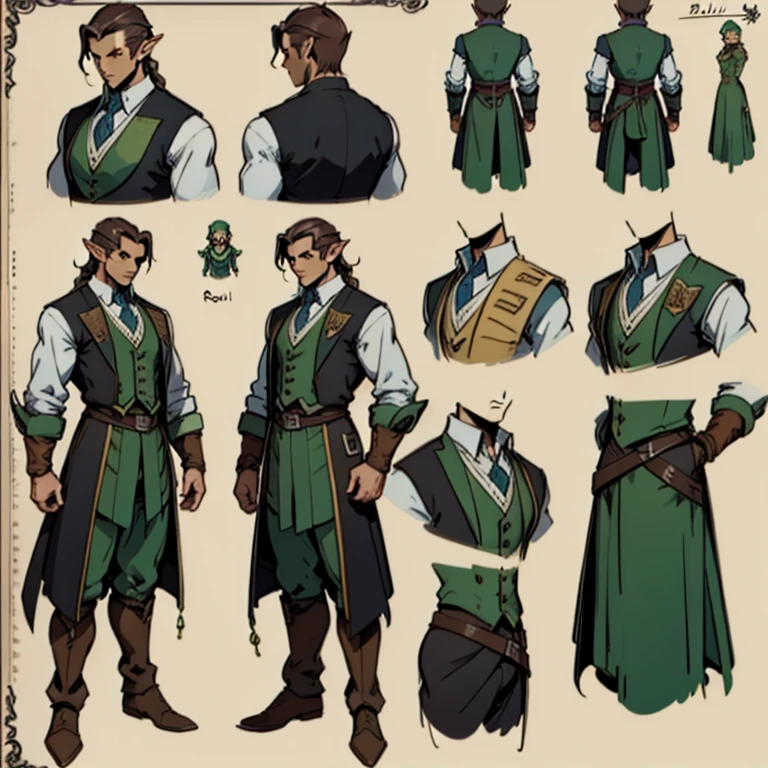 ((character concept art)), ((Character design sheet, same character, front, side)) Video game character design, Rolois, half-elf, arrogant, dark hair, waistcoat, long sleeves,