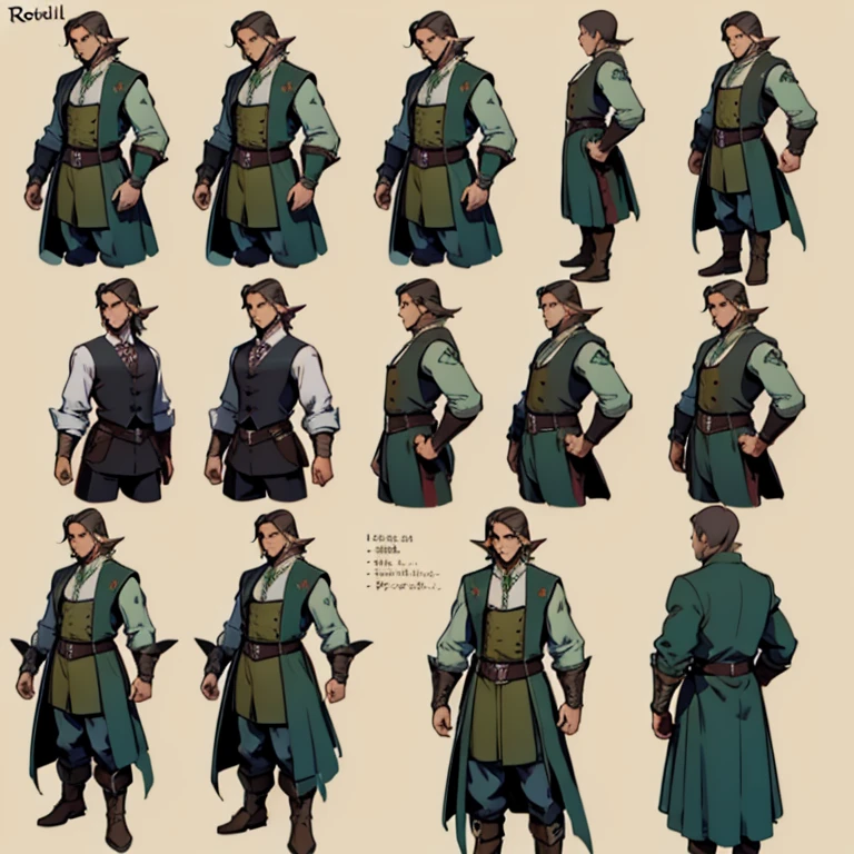 ((character concept art)), ((Character design sheet, same character, front, side)) Video game character design, Rolois, half-elf, arrogant, dark hair, waistcoat, long sleeves,