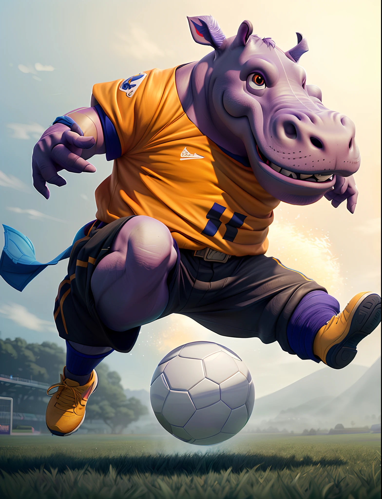 there is a cartoon hippo is kicking a soccer ball, wojtek fus, 3 d epic illustrations, detailed game art illustration, hyper detailed digital art, football mascot, epic digital art illustration, sports mascot, fantasy art behance, ultra detailed digital art, detailed digital 3d art, epic full color illustration, stunning digital illustration, by Jesper Ejsing, fantastic artwork