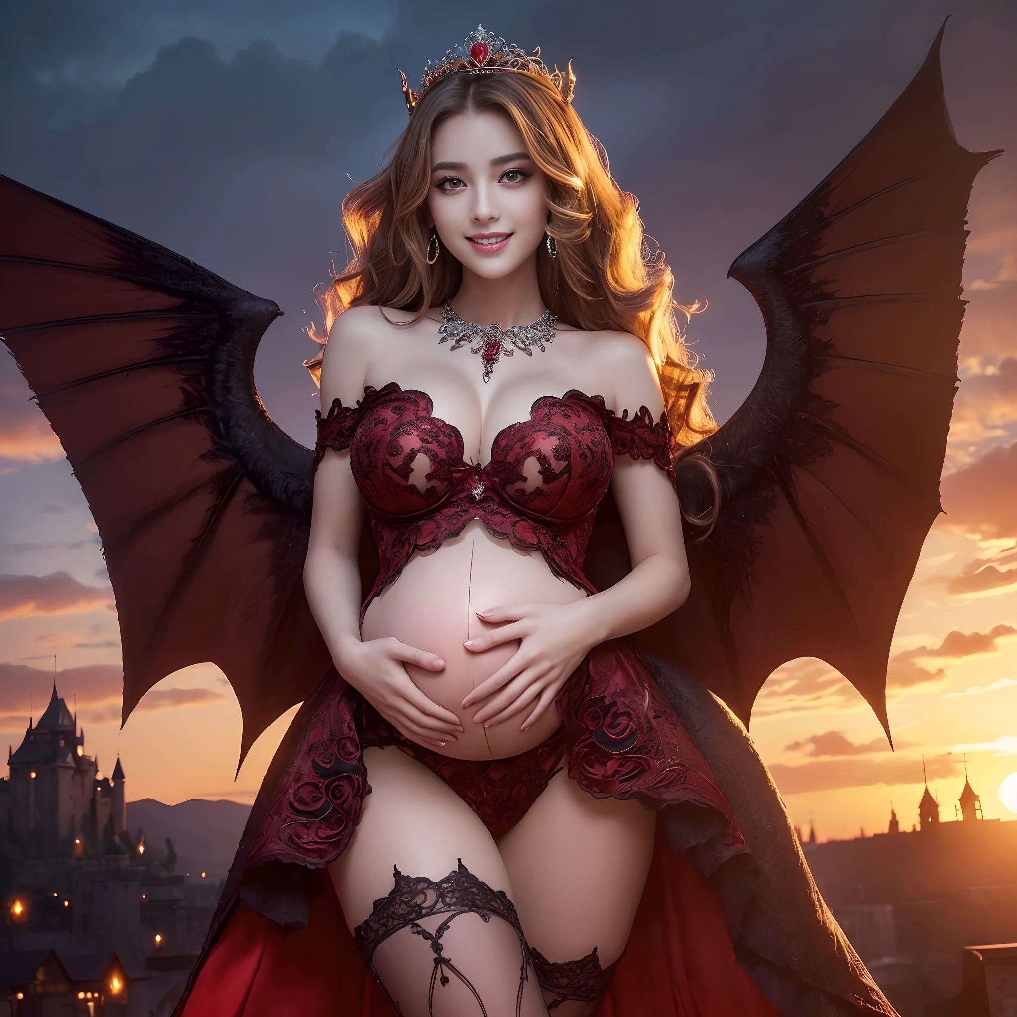 ((A very beautiful demon queen,Pregnant,Slightly bulging belly,Giant Devil Tiara,Big Princess Dresses,Final form as a complete demon,The Devil's Masterpiece,Huge and intricate demon wings,Wings with a very elaborate texture,Wings with a very complex texture,Creature wings with a very realistic texture,The most dignified wings,The most intricate and luxurious gothic dresses,The most gorgeous princesses dress up with achievements,The most beautiful princesses in the world,The most beautiful demons,The cutest face,Intricate and solemn black dress,The background is a complex and detailed castle exterior, Majestic and beautiful devil,The most majestic appearance of the Demon Queen,Huge Queen Tiara,The most complex depictions of demons,Accurate reproduction of perfect demonic details,The appearance of an unimaginably gorgeous demon,The unimaginably huge and beautiful appearance of the demon,Complex medieval European castle in the background,The perfect castle,With the sunset and the castle in the background,Castle dyed in the sunset,Fantastic sunset,Romantic sunset,spectacular movie lighting,Sparkling sunset)),((Most beautiful face,Half Japan and half Spanish,The happiest smile,Beautiful wavy hair,The most luxurious and intricate dresses,The biggest smile staring at the camera)),(eyes glowing red,Glowing red eyes,Glowing red eyes)),Chest that seems to burst,A dress that tightens the waist,Slimed,Colossal tits,Emphasize body lines,Giant wings of the devil,The background is the exterior of a castle of flames,masutepiece,8K,very intricate,ultra-detailliert