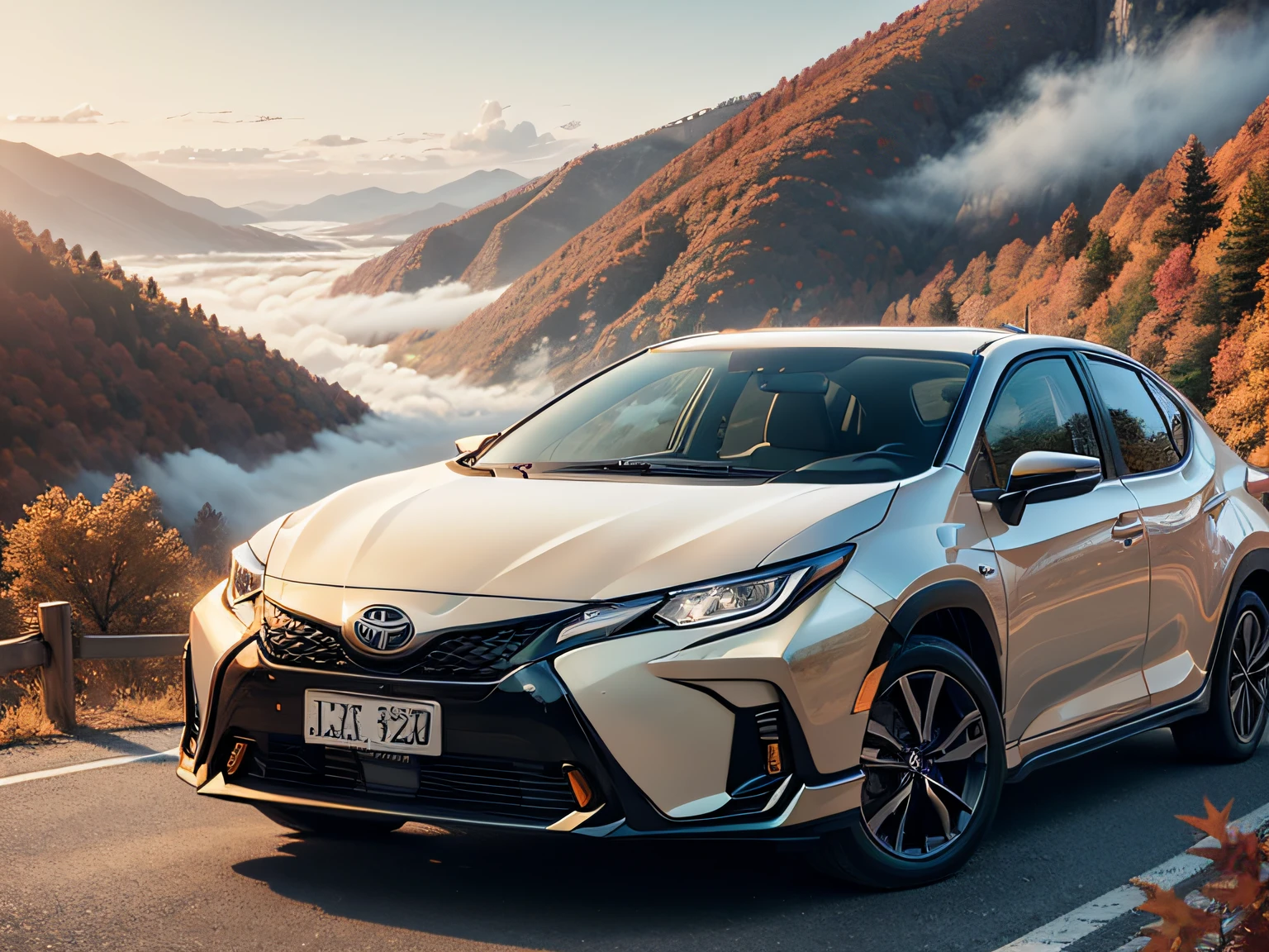 超A high resolution、An ultra-high picture quality、8K、Detailed details、marvelous expression、Late autumn valley、Beautiful autumn leaves、A car driving on a mountain road built along a mountain filled with sand smoke、((TOYOTA Corolla Cross 2023))