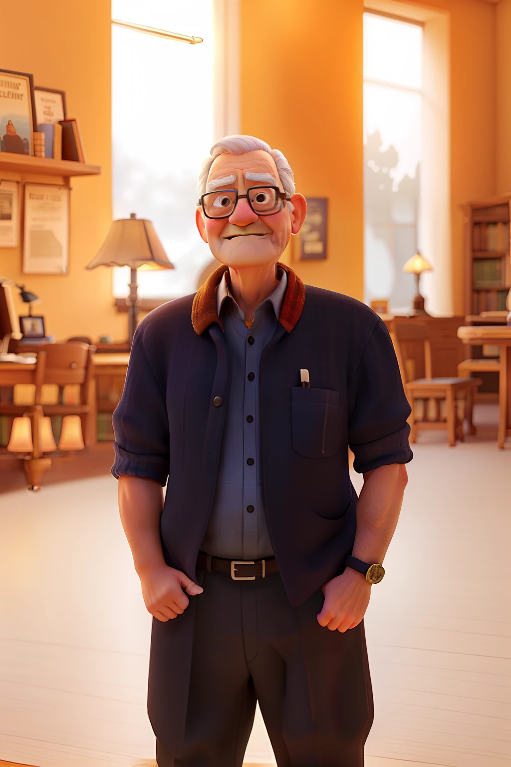 A wise old man standing in front, illuminated by the light of a lamp, against the backdrop of a library