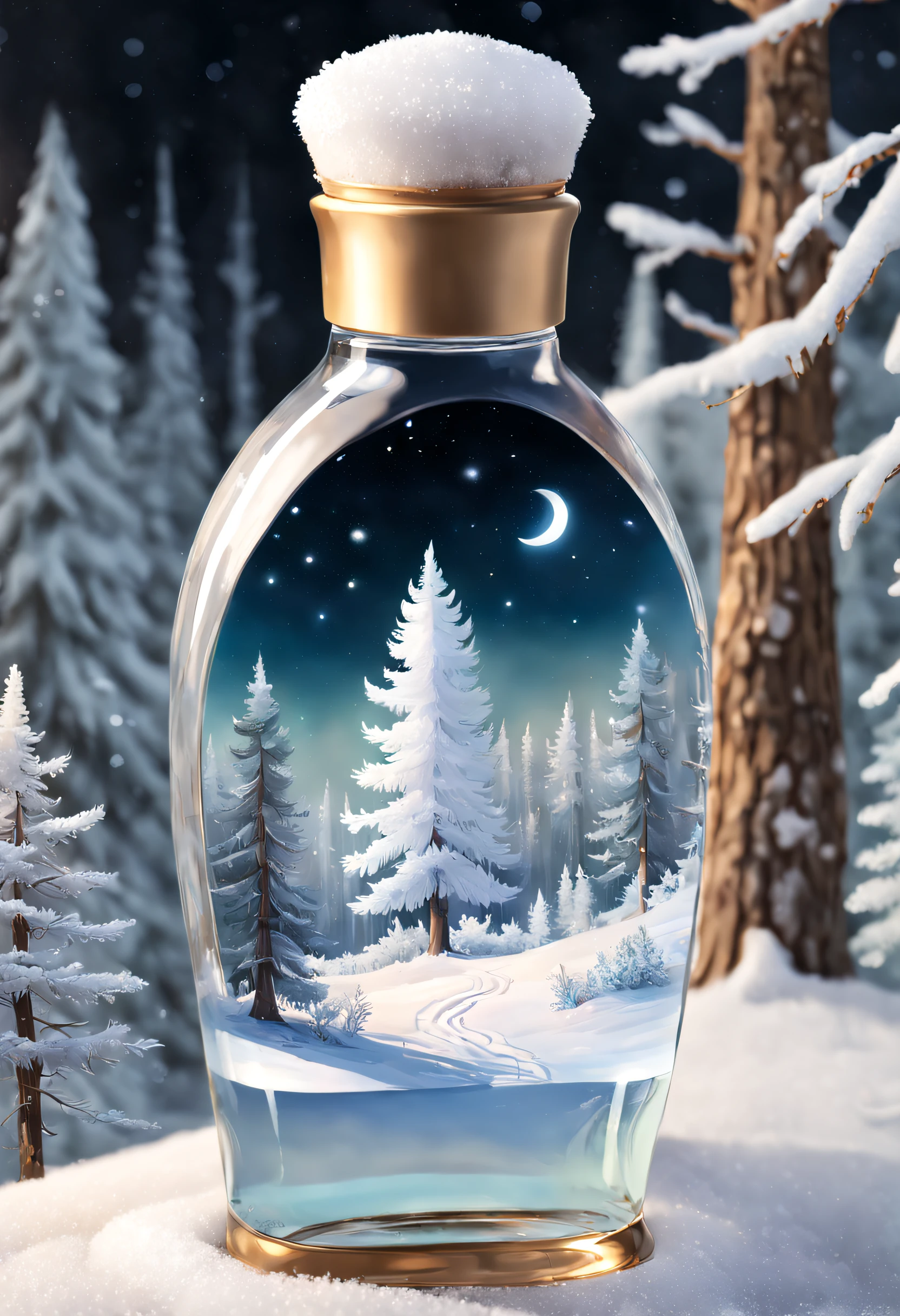 Best quality, Super super delicate, Realistic media, Photorealistic, Painting, Soft rime, Pine forests covered with soft rime, Beautiful snow and ice soft rime, Glowing, Ethereal, Night sky, Clear crystal bottle, A sense of reflexivity, glistening stars, Soft soft rime landscape, magical scene, Bright colors, Pastel tones, Warm golden glow, Tranquil atmosphere