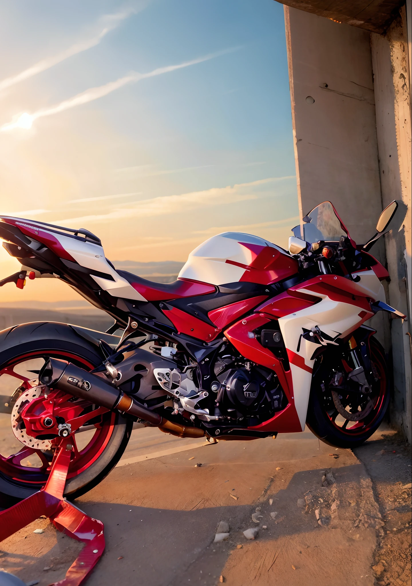 there is a motorcycle parked in a garage with a red tape, front side full, yoshimura exhaust, captured with sony a3 camera, taken with sony a7r camera, side front view, motorcycle, front side, samurai vinyl wrap, f 3 2, f32, front side views full, rear shot, front side view, motorbike, front profile