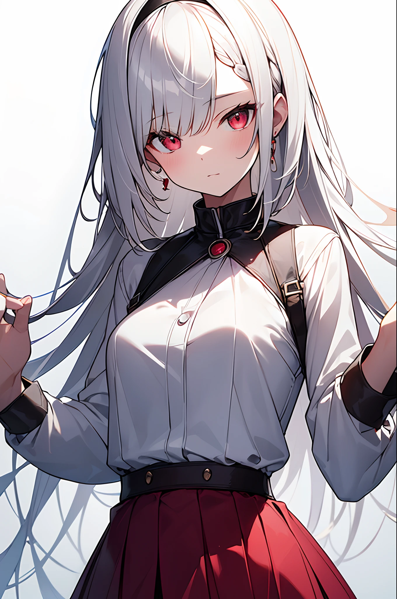 a 20 yo woman,  (White background Solid white background:1.5), full body,  (masterpiece:1.2),  best quality, 8K, bright art style, (Incredibly ridiculous absolute resolution:1.5), extra high resolution, (natural skin textures, Hyper-Realism, Soft light, sharp), original character, Wear Blackberry blouse and dark red flare skirt, fashion, detailed clothing texture, with a lot of decoration, white medium hair, short braiding, wine red eyes, witty and beautiful facial features,